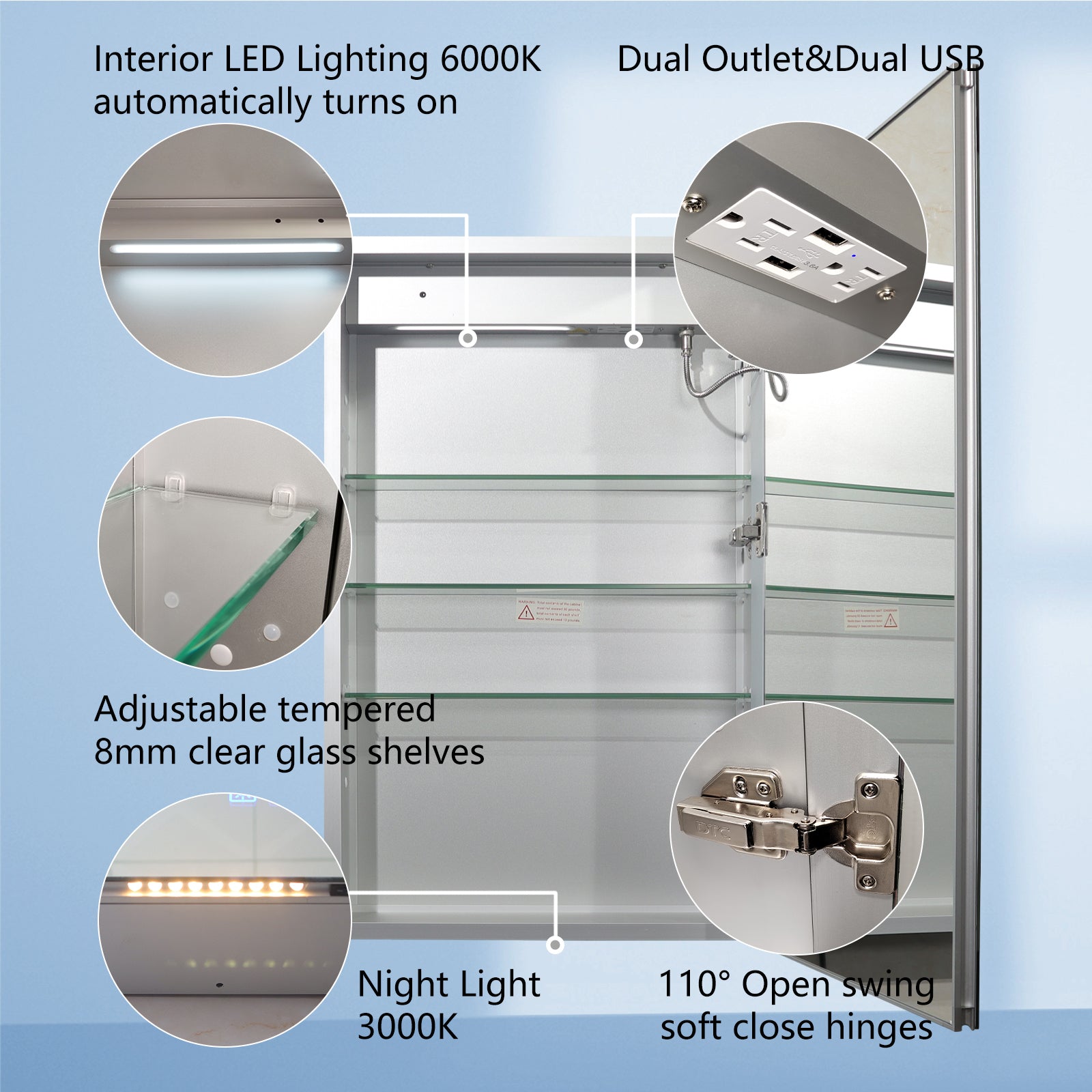 Aluminum Surface Mount/Recessed LED Medicine Cabinet with Mirror,  Outlet and Shelves