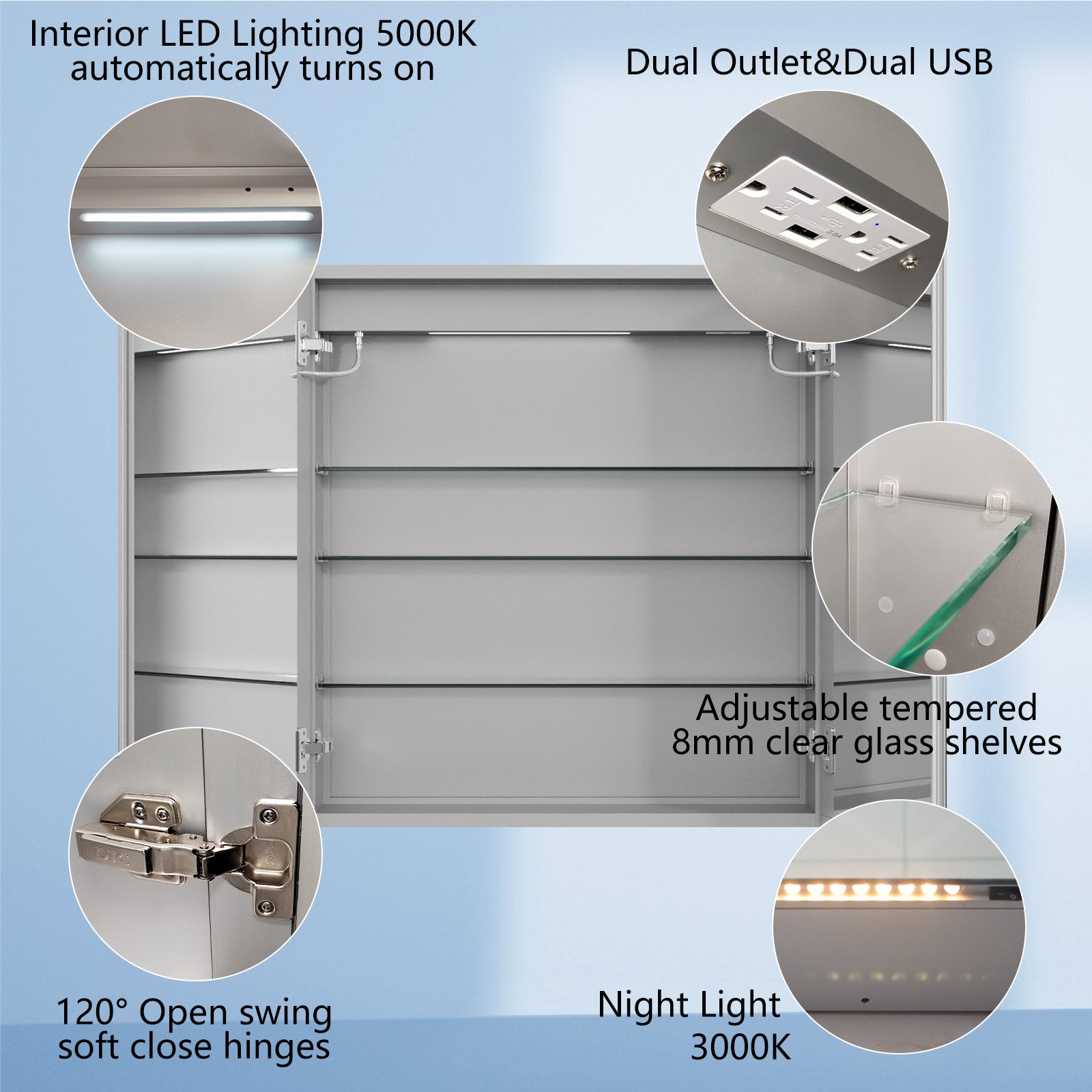 Aluminum Surface Mount/Recessed LED Medicine Cabinet with Mirror,  Outlet and Shelves