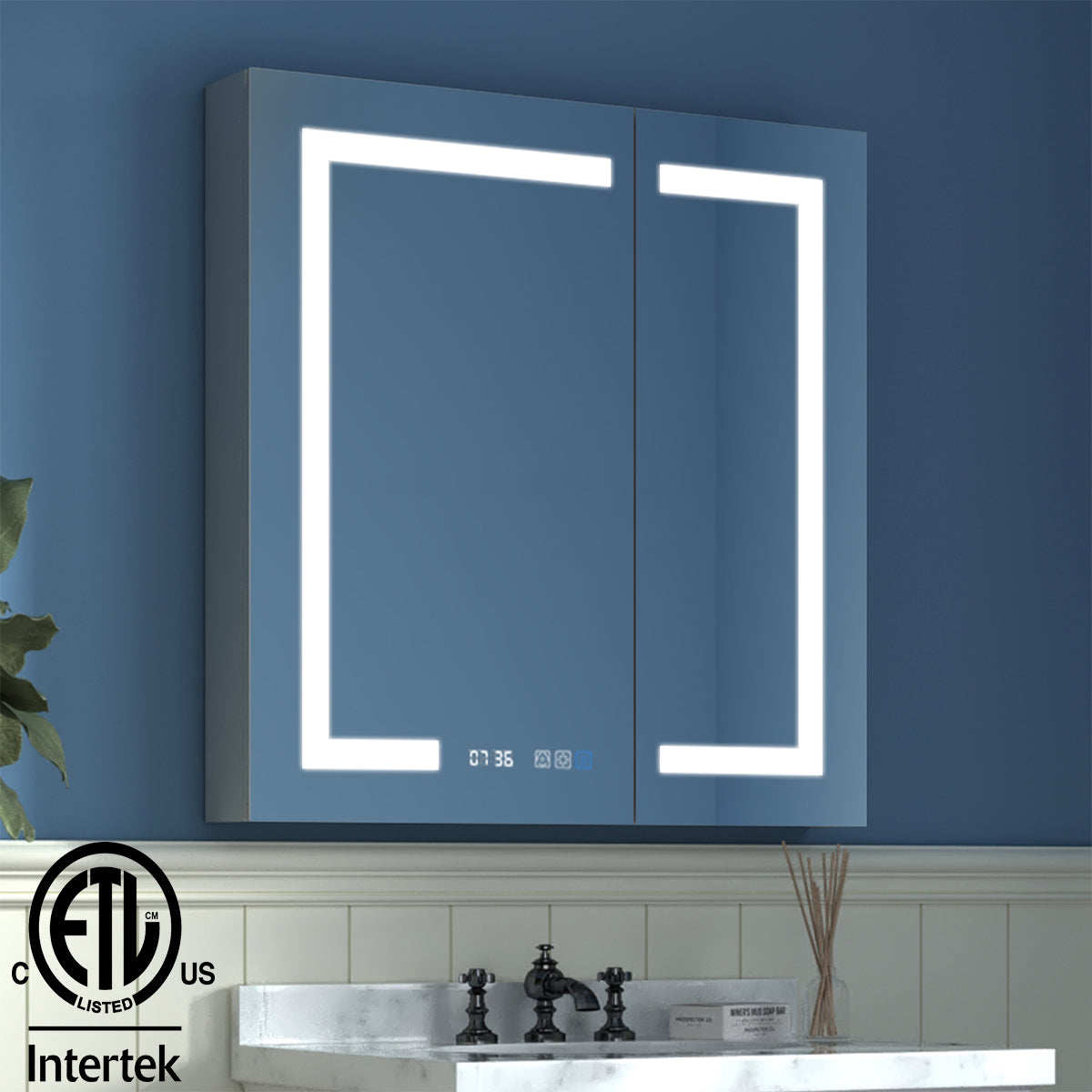 Aluminum Surface Mount/Recessed LED Medicine Cabinet with Mirror,  Outlet and Shelves