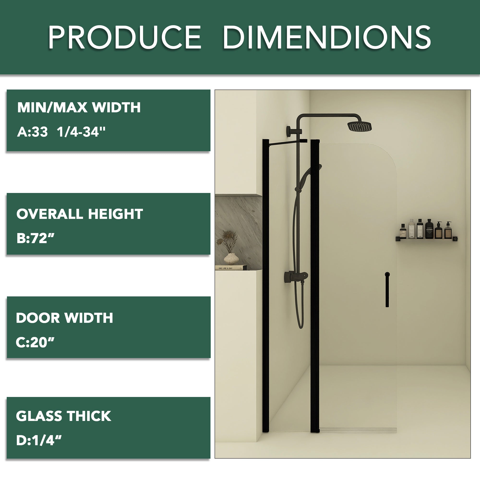 34 in. W x 72 in. H Pivot Shower Door in Matte Black with Clear Tempered Glass