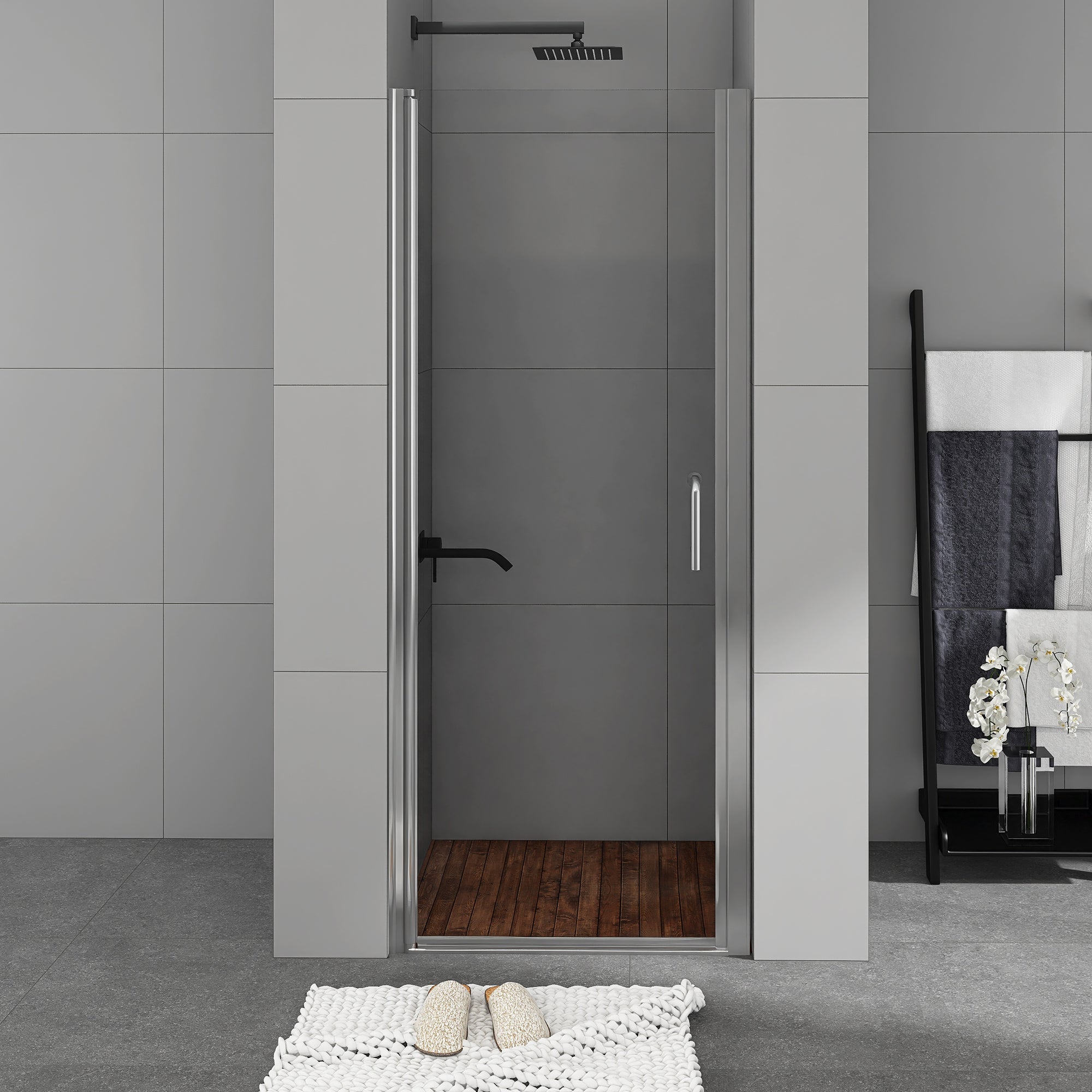 Semi-Frameless Pivot Shower Door in Chrome With Clear Glass