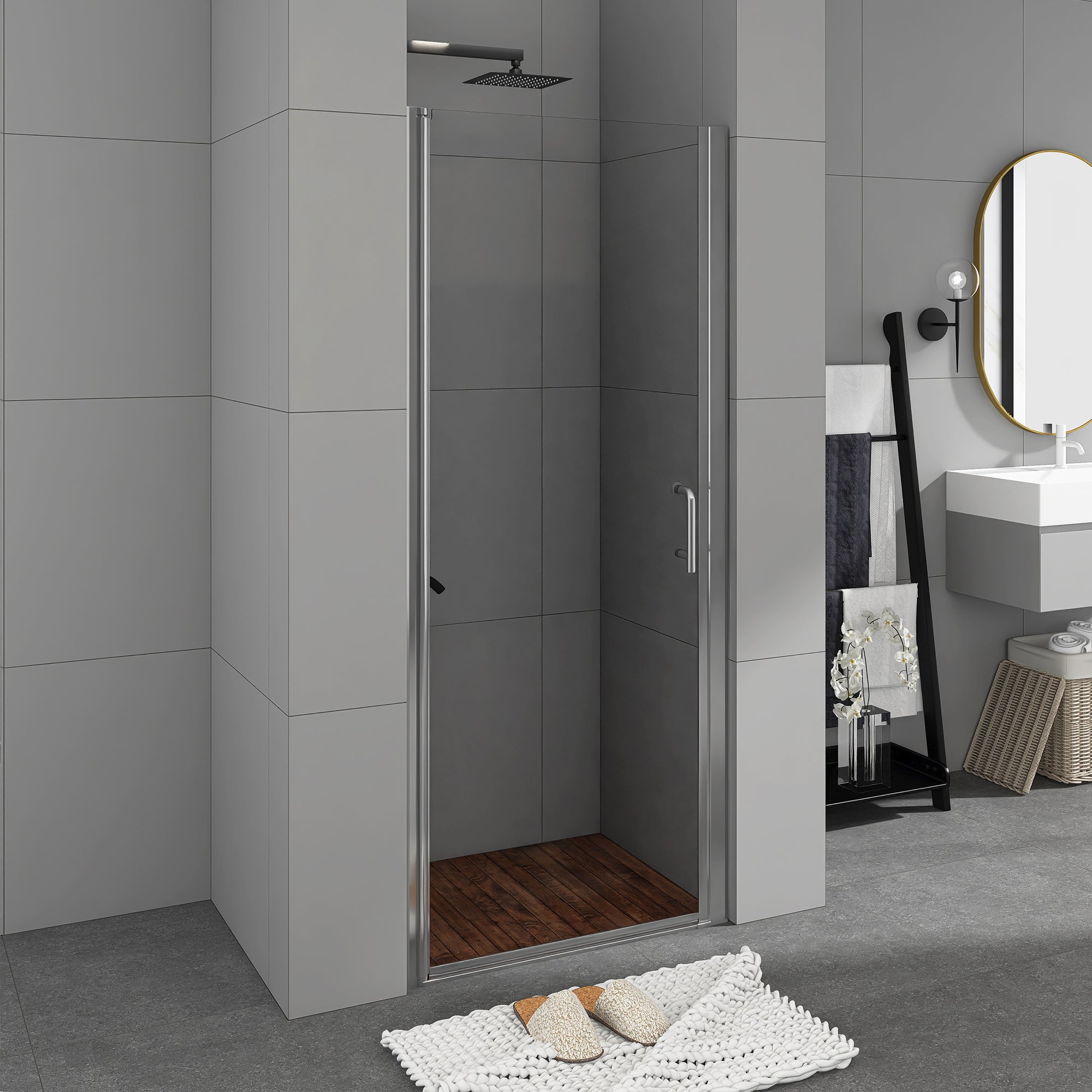 Semi-Frameless Pivot Shower Door in Chrome With Clear Glass
