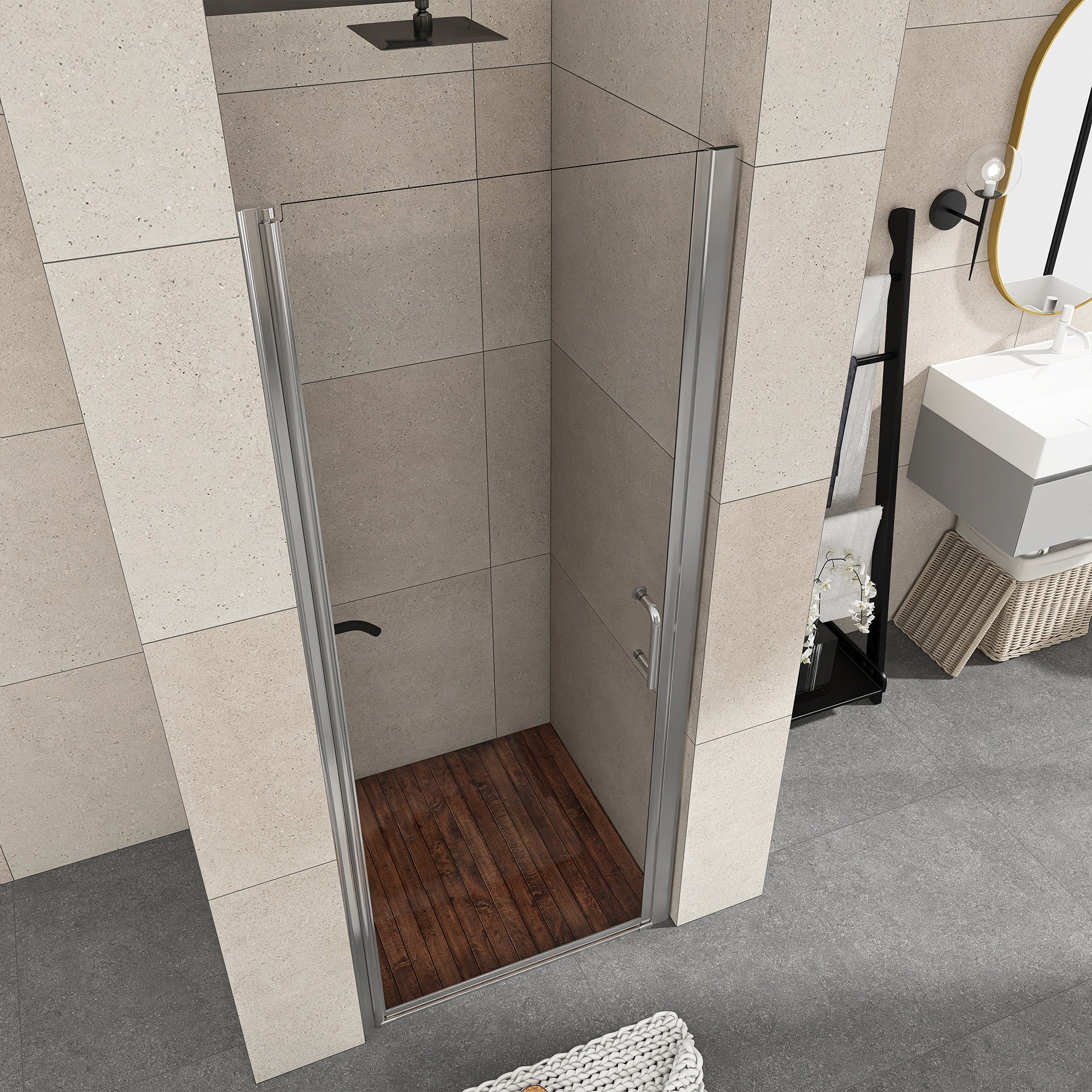 Semi-Frameless Pivot Shower Door in Chrome With Clear Glass