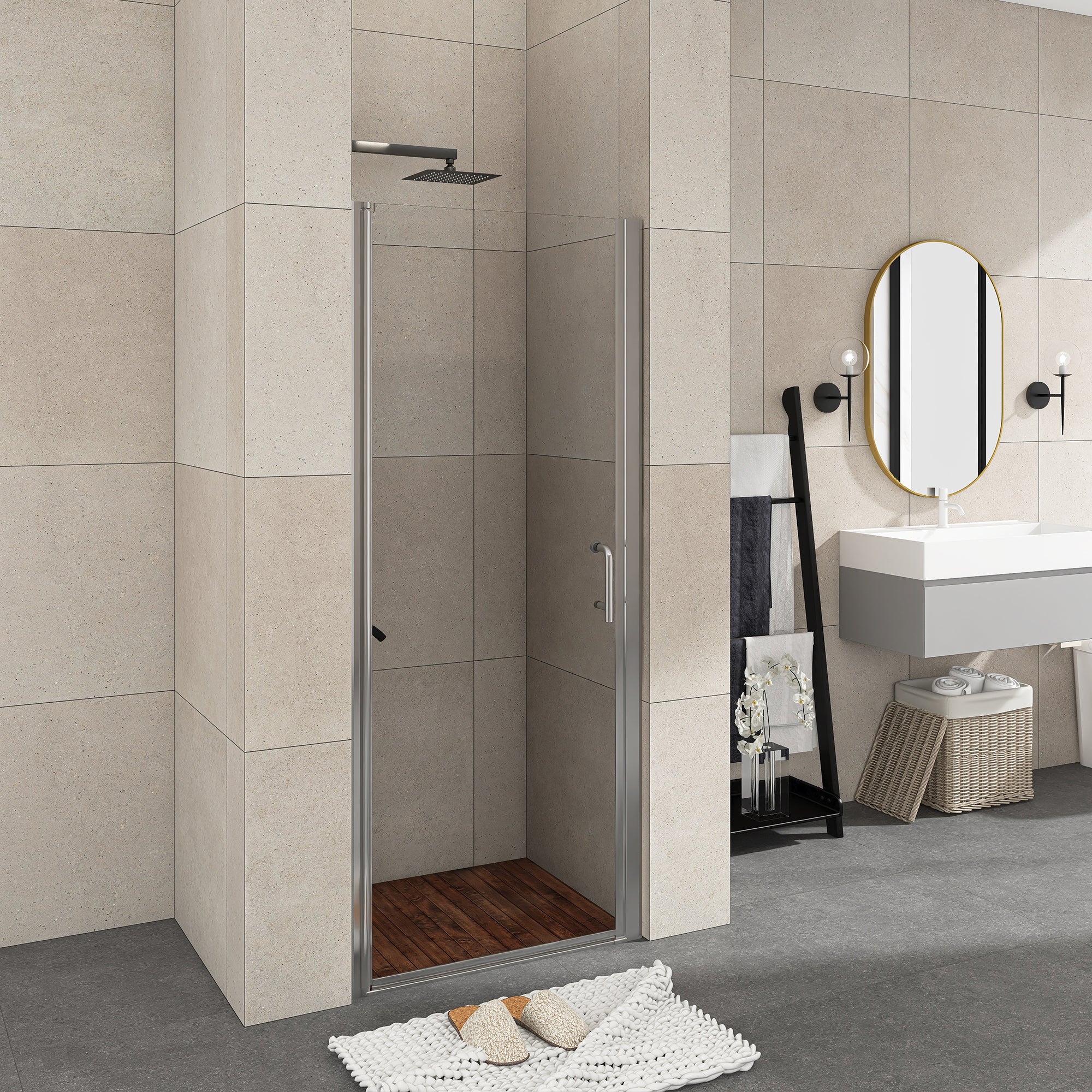 Semi-Frameless Pivot Shower Door in Chrome With Clear Glass