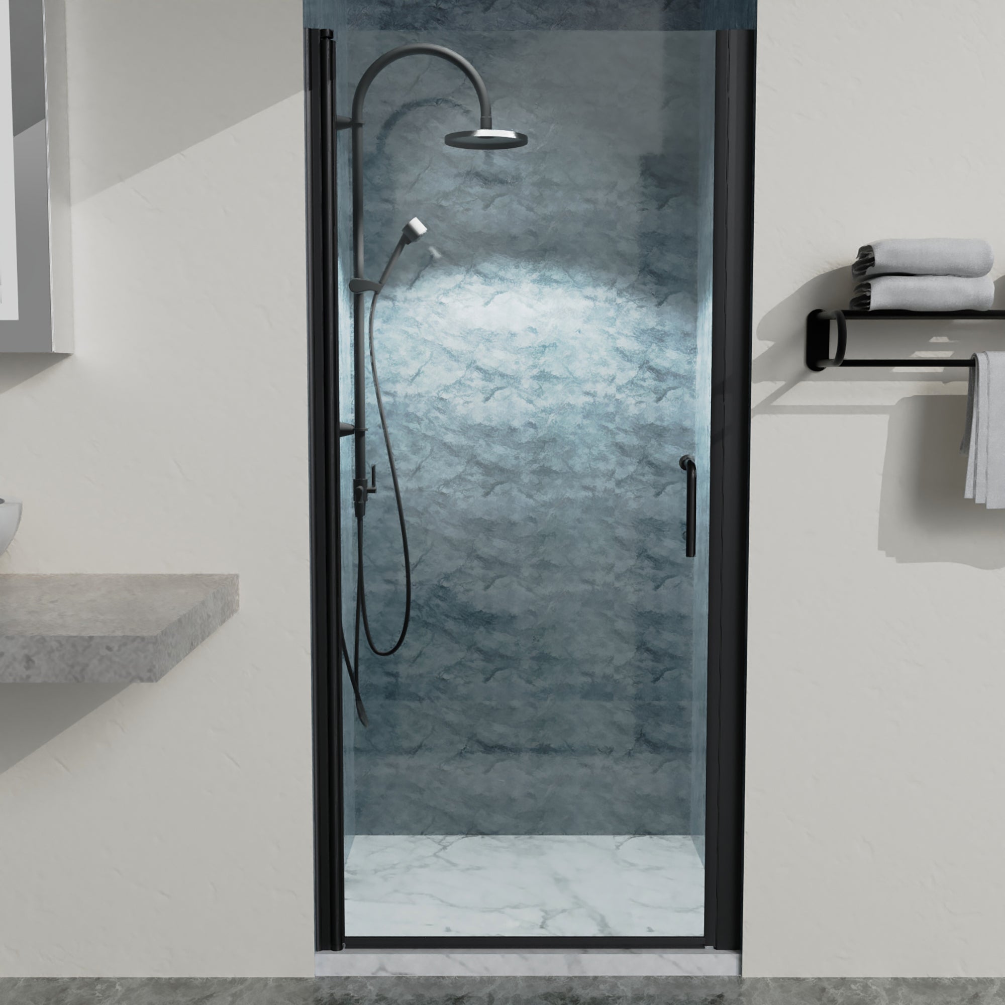 34 in. W X 72 in. H Semi-Frameless Pivot Shower Door in Matte Black with Clear Glass