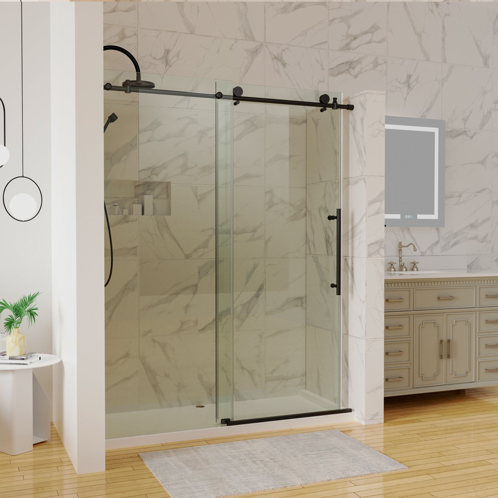 34 in. W X 72 in. H Semi-Frameless Pivot Shower Door in Matte Black with Clear Glass