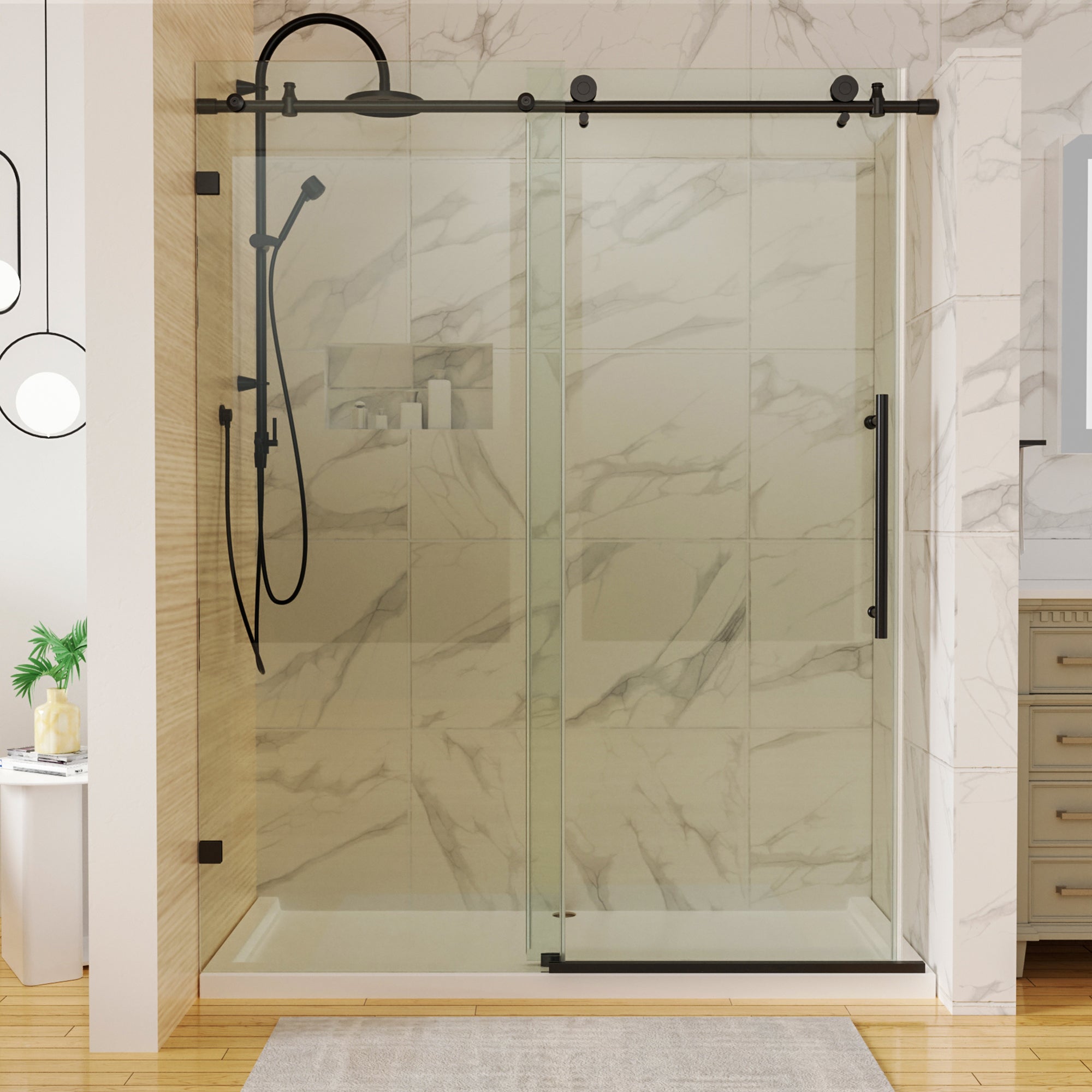 34 in. W X 72 in. H Semi-Frameless Pivot Shower Door in Matte Black with Clear Glass