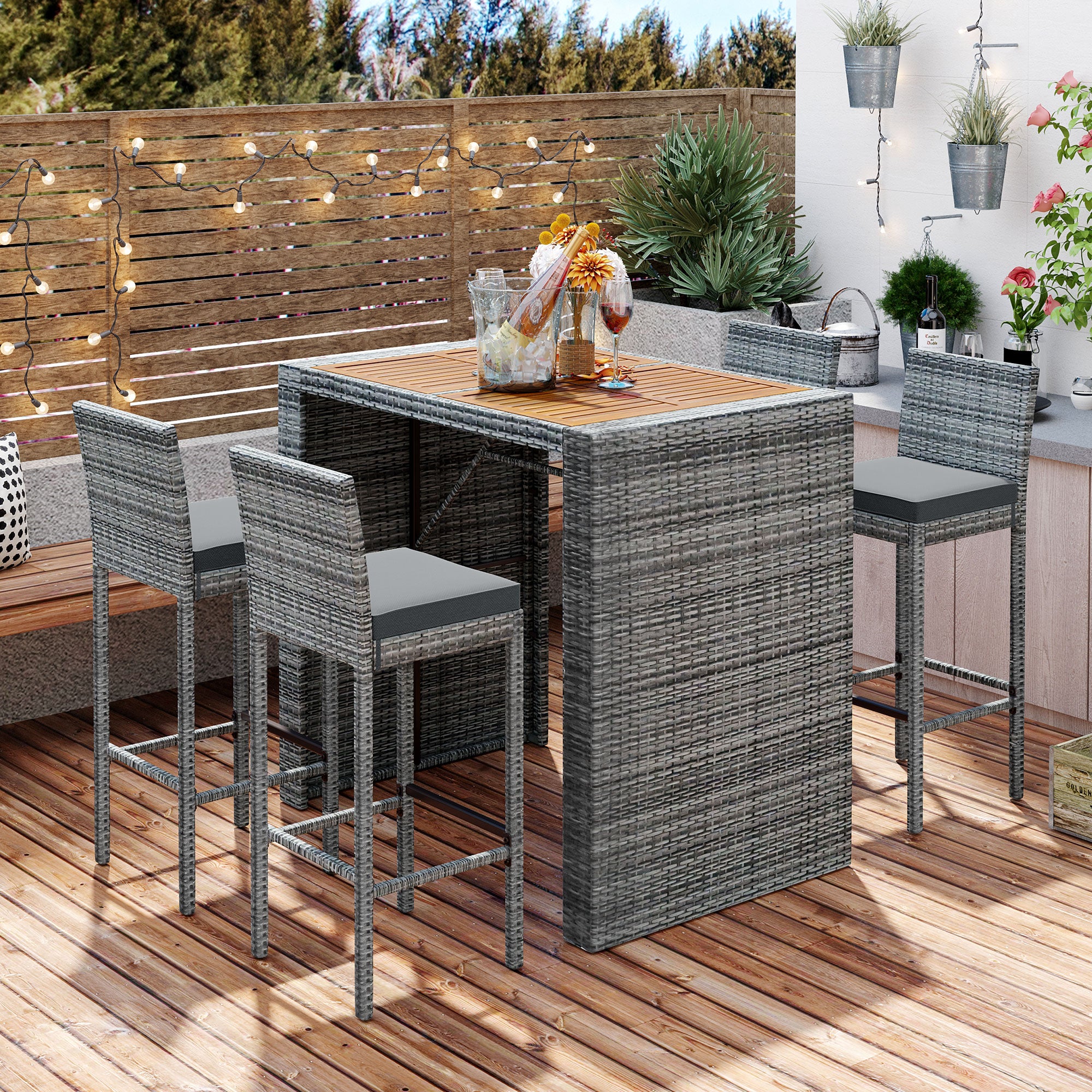 5 Pieces Outdoor Wicker Bar Height Dining Set with Non-Slip Feet and Fixed Rope