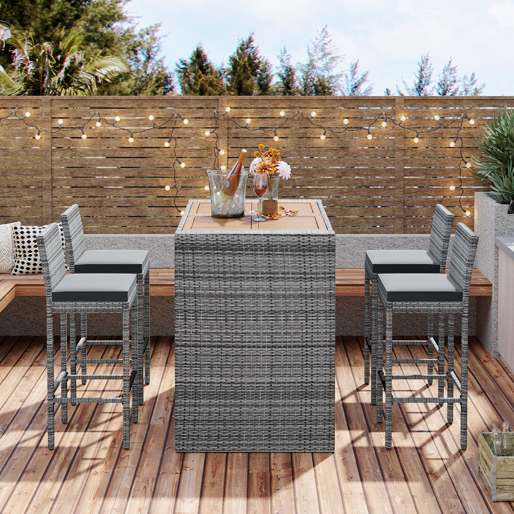 5 Pieces Outdoor Wicker Bar Height Dining Set with Non-Slip Feet and Fixed Rope