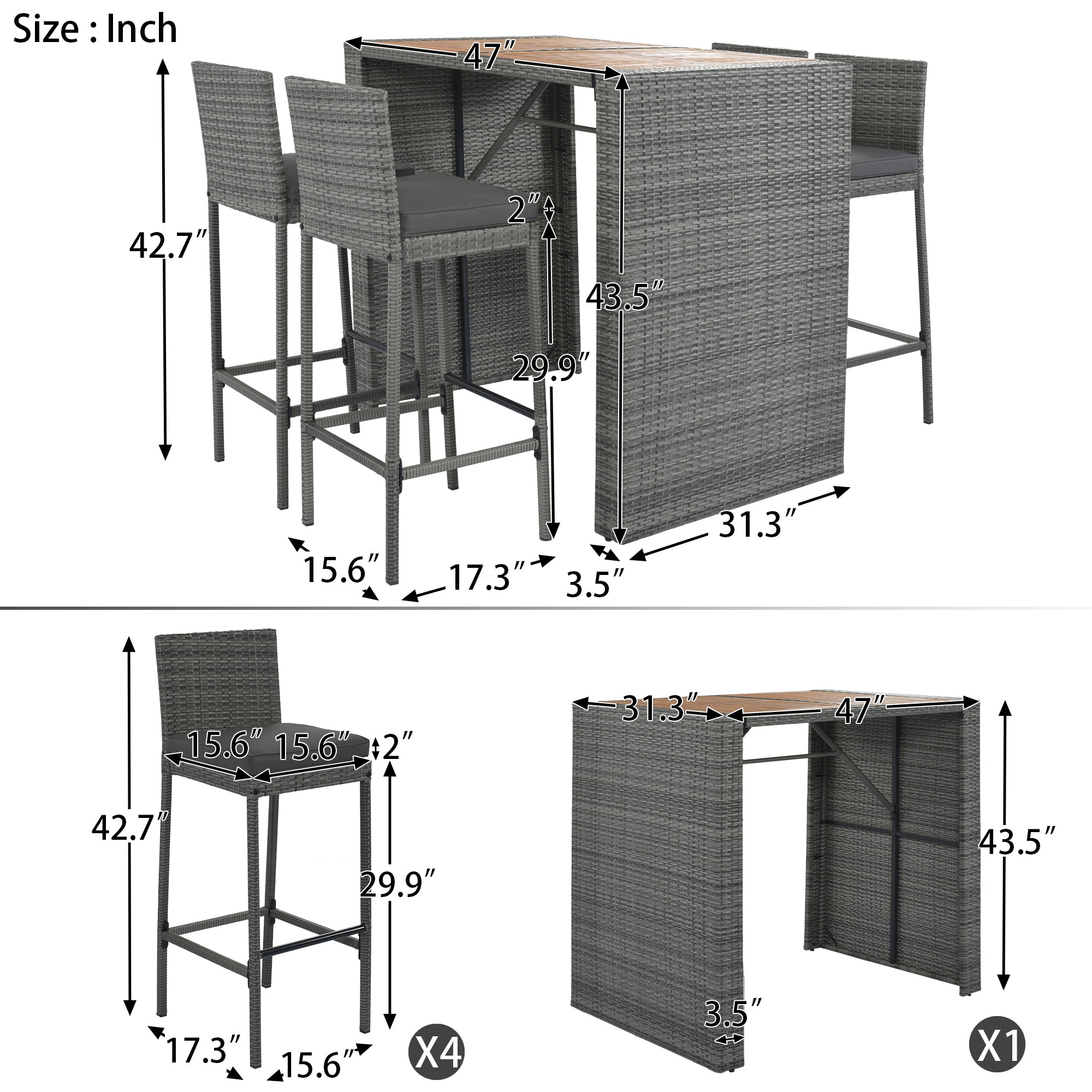 5 Pieces Outdoor Wicker Bar Height Dining Set with Non-Slip Feet and Fixed Rope