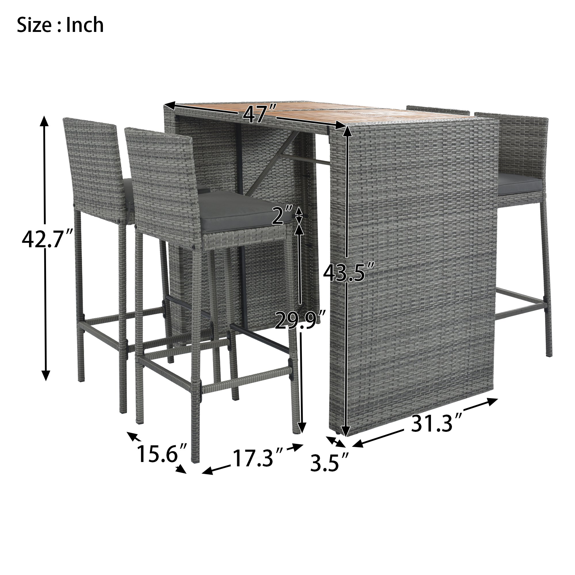 5 Pieces Outdoor Wicker Bar Height Dining Set with Non-Slip Feet and Fixed Rope