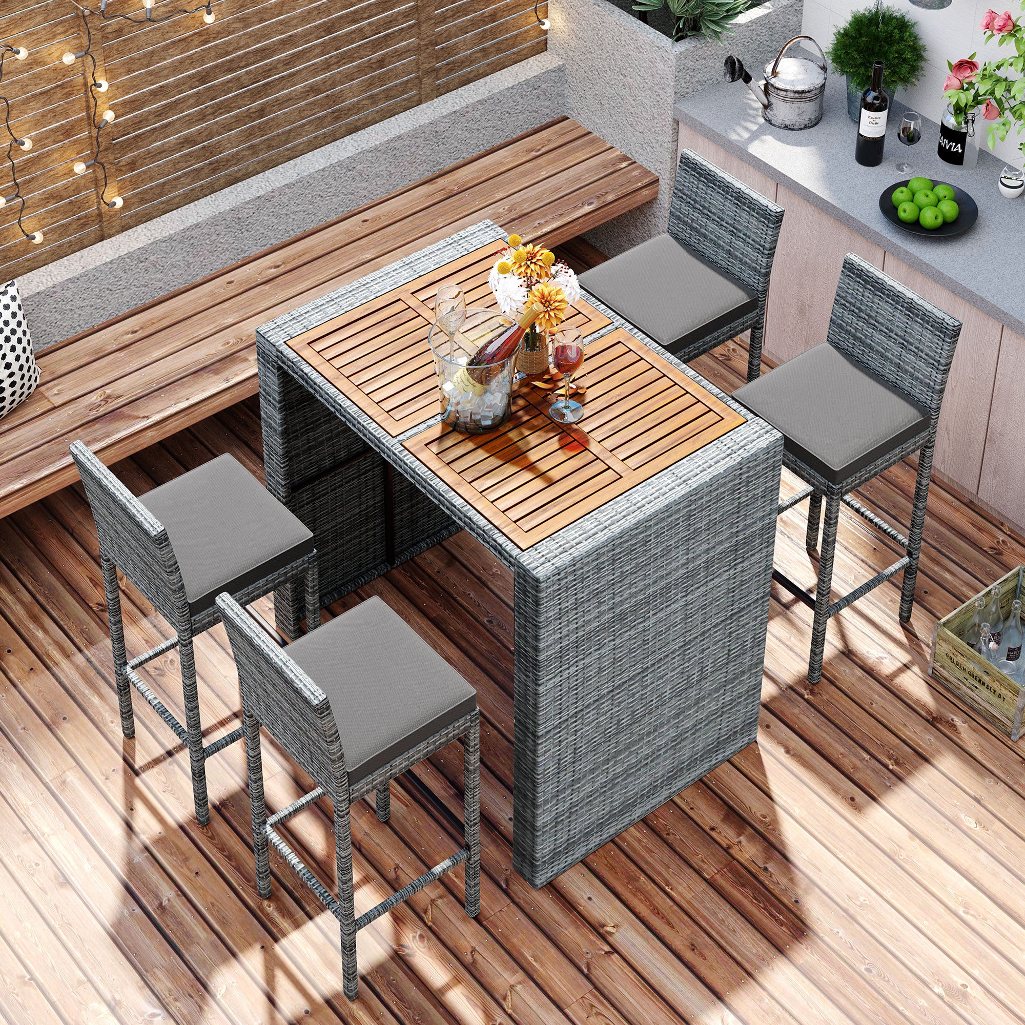 5 Pieces Outdoor Wicker Bar Height Dining Set with Non-Slip Feet and Fixed Rope