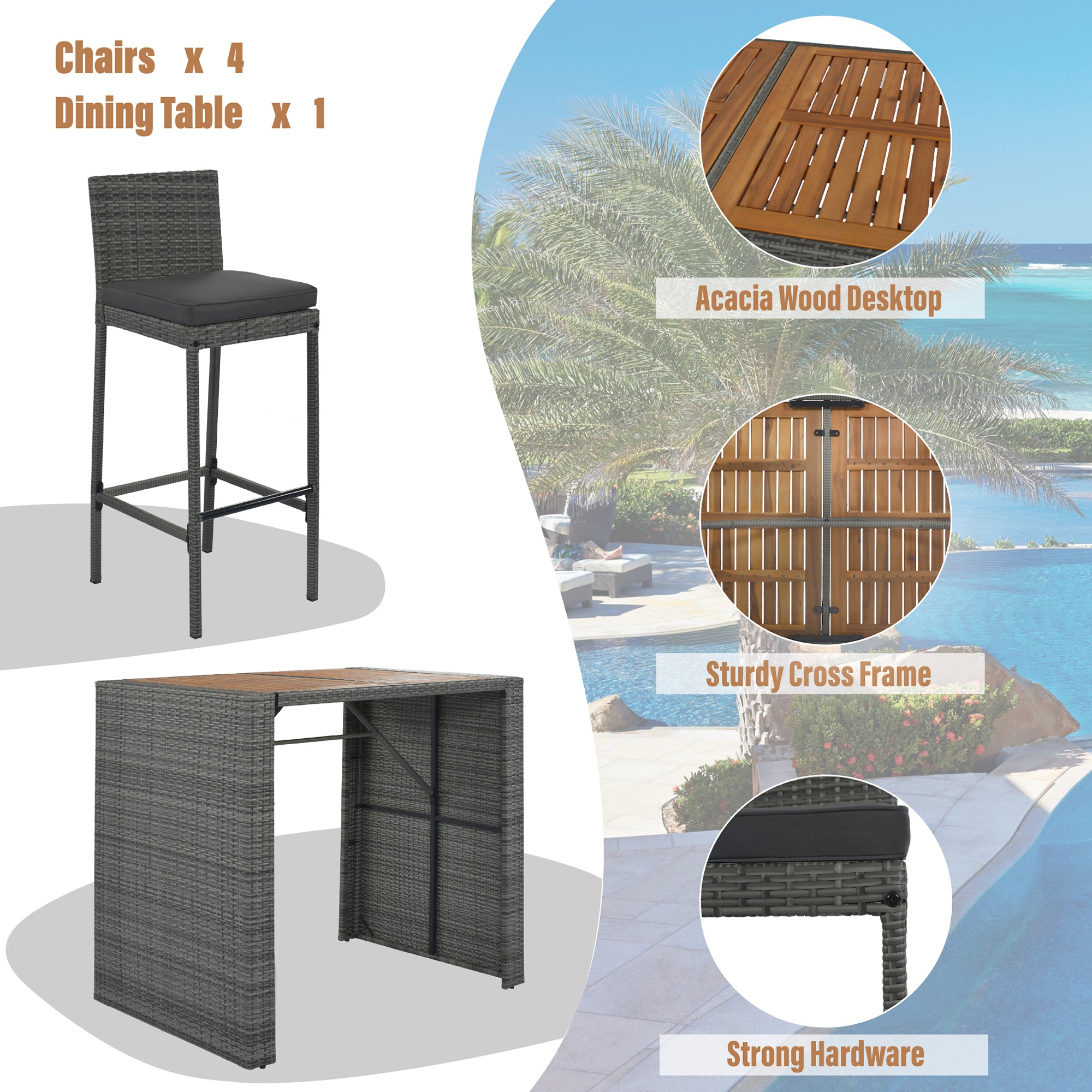5 Pieces Outdoor Wicker Bar Height Dining Set with Non-Slip Feet and Fixed Rope