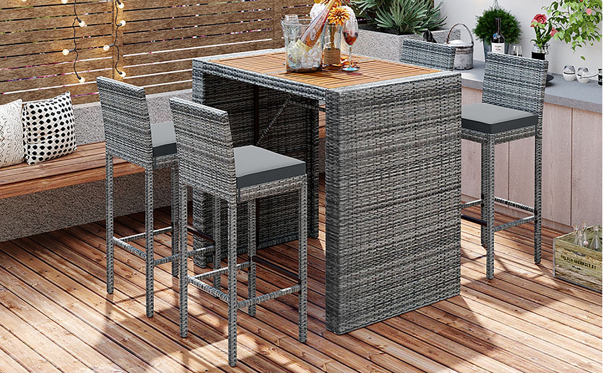 5 Pieces Outdoor Wicker Bar Height Dining Set with Non-Slip Feet and Fixed Rope