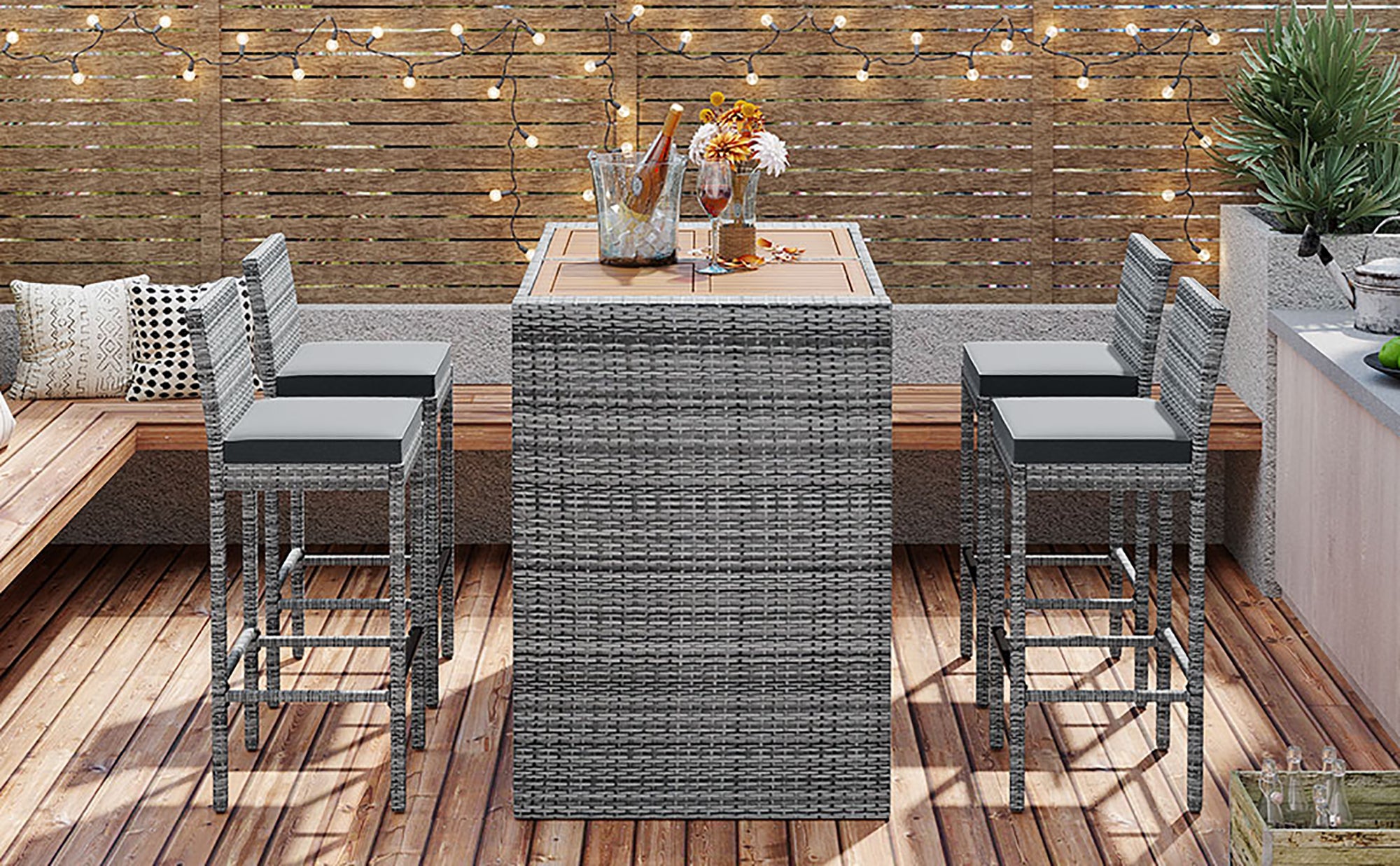 5 Pieces Outdoor Wicker Bar Height Dining Set with Non-Slip Feet and Fixed Rope
