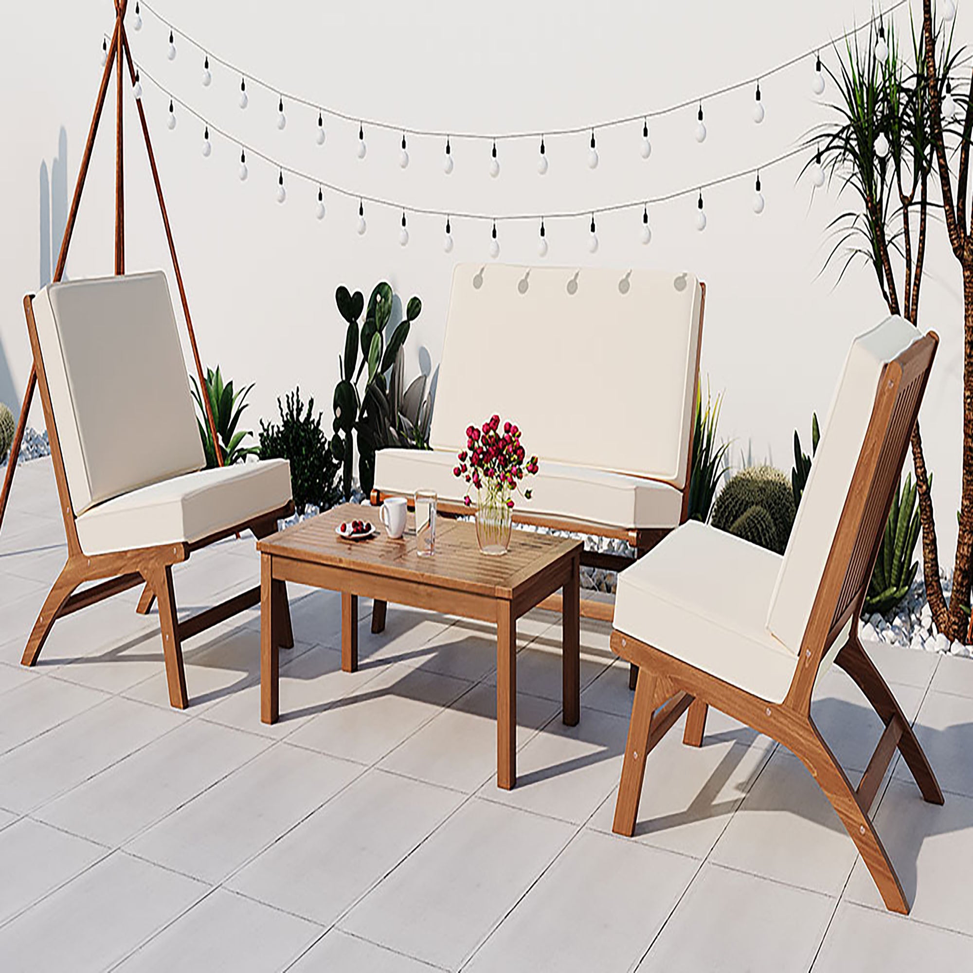 4-Piece Outdoor Acacia Wood Patio Sofa with Wood Table, Two Single Sofas, and Double Chair