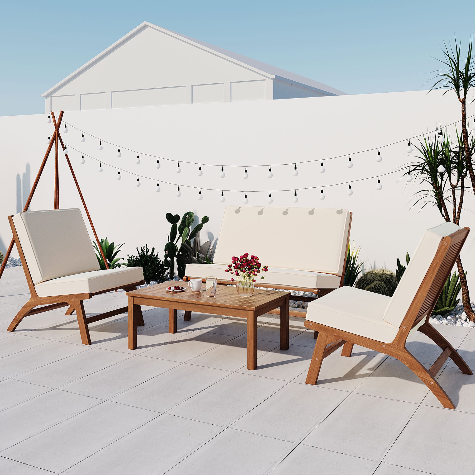 4-Piece Outdoor Acacia Wood Patio Sofa with Wood Table, Two Single Sofas, and Double Chair