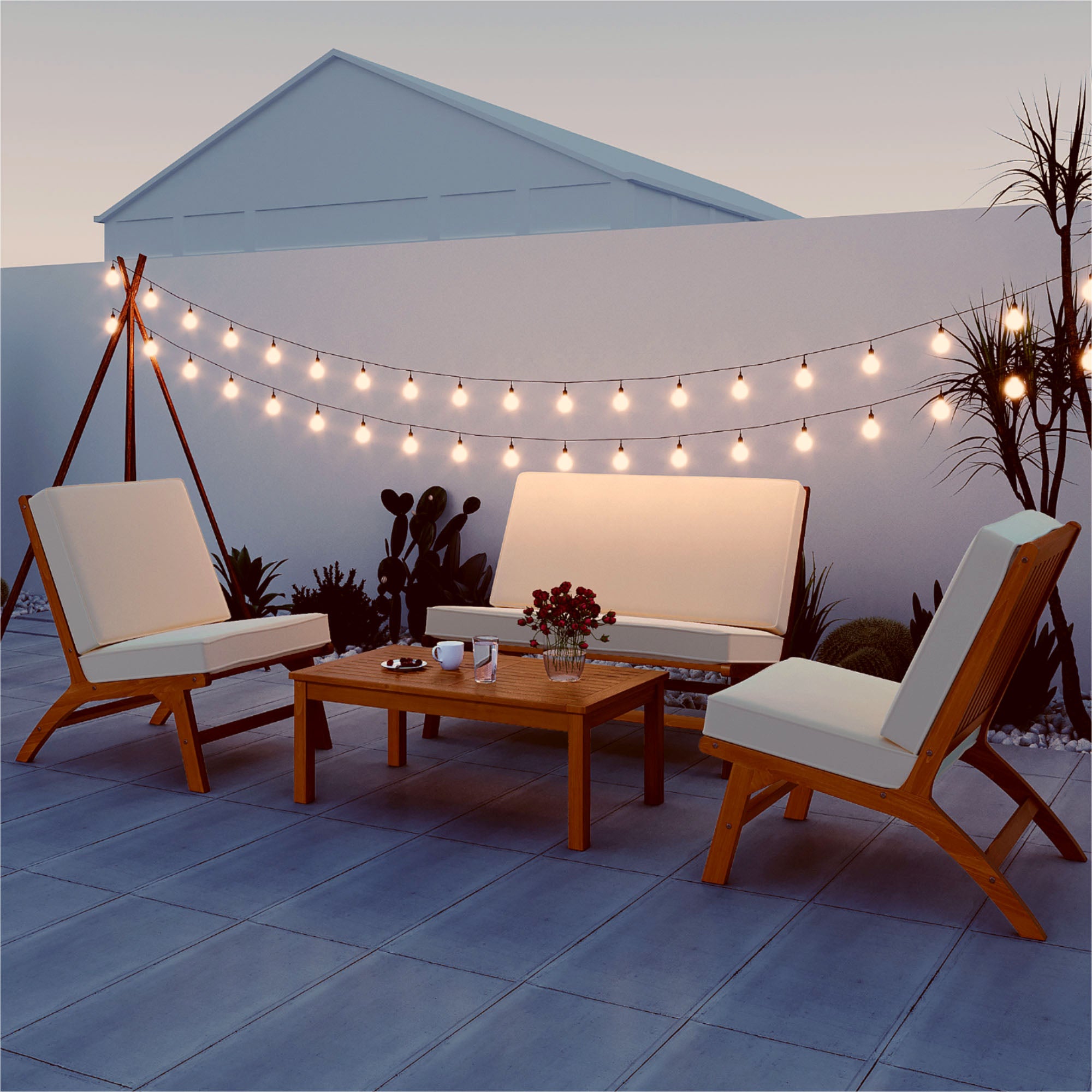 4-Piece Outdoor Acacia Wood Patio Sofa with Wood Table, Two Single Sofas, and Double Chair