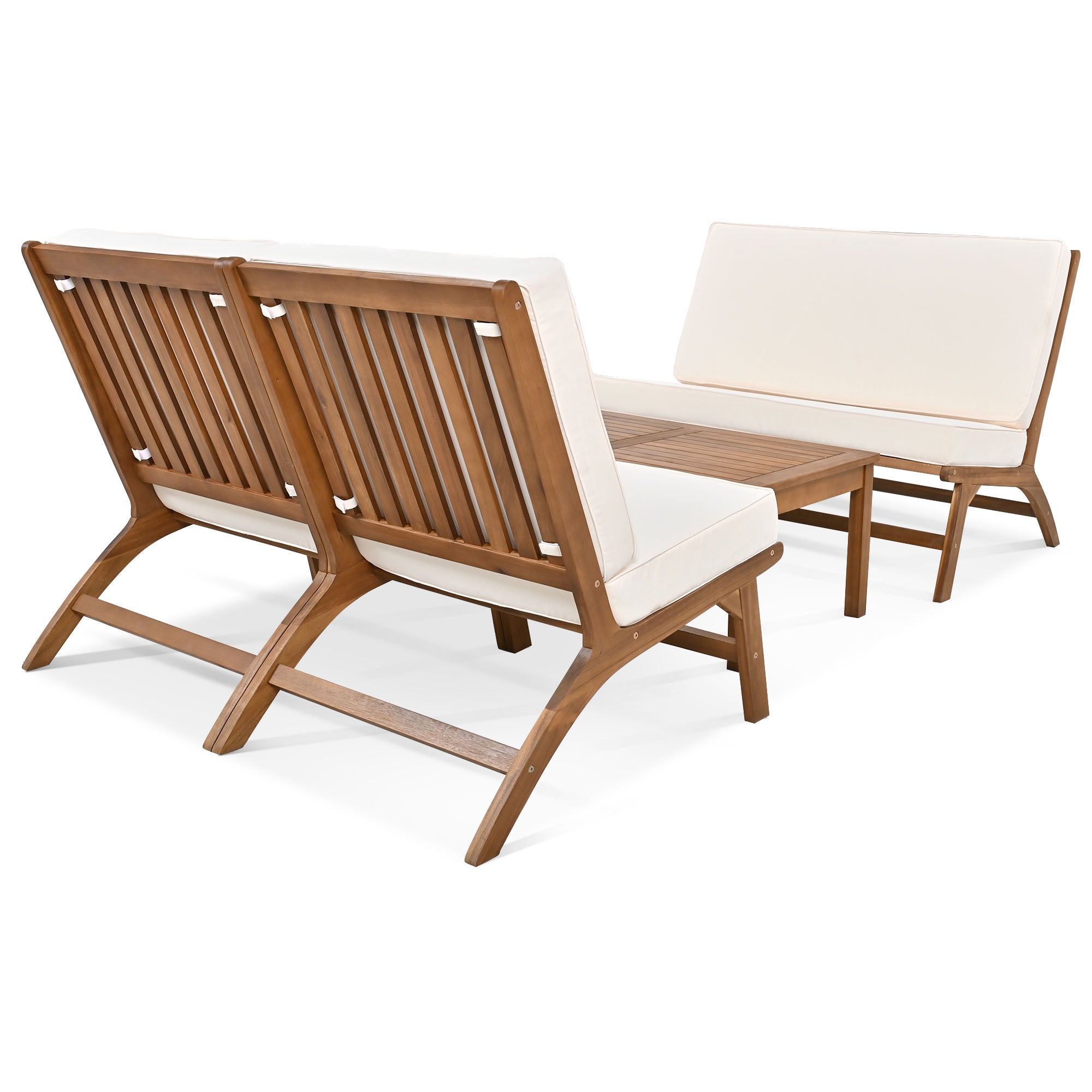 4-Piece Outdoor Acacia Wood Patio Sofa with Wood Table, Two Single Sofas, and Double Chair
