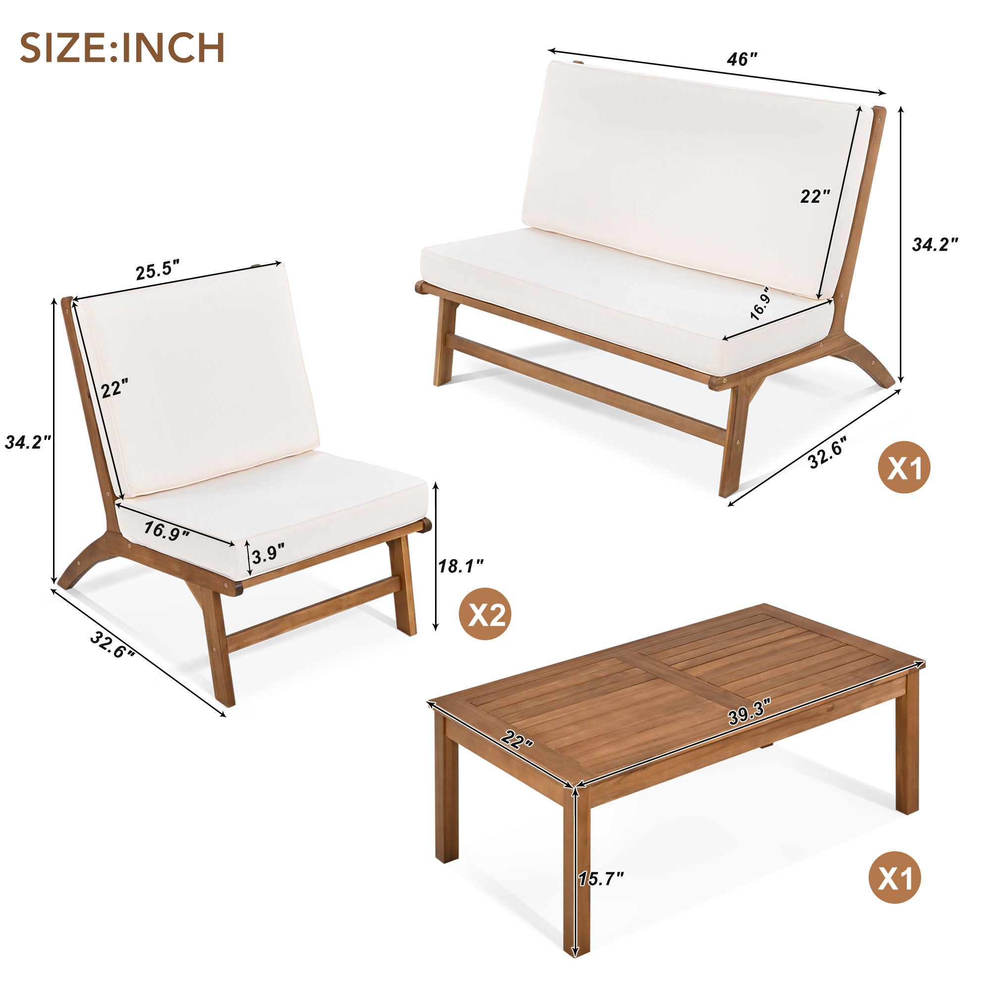 4-Piece Outdoor Acacia Wood Patio Sofa with Wood Table, Two Single Sofas, and Double Chair