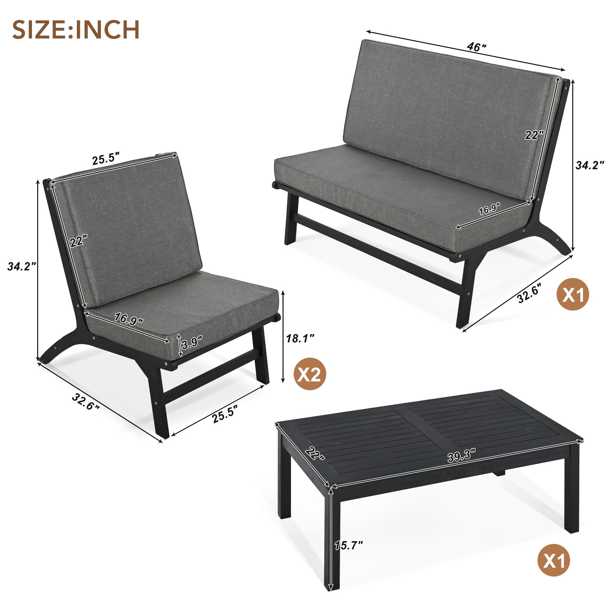 4-Piece Outdoor Acacia Wood Patio Sofa with Wood Table, Two Single Sofas, and Double Chair