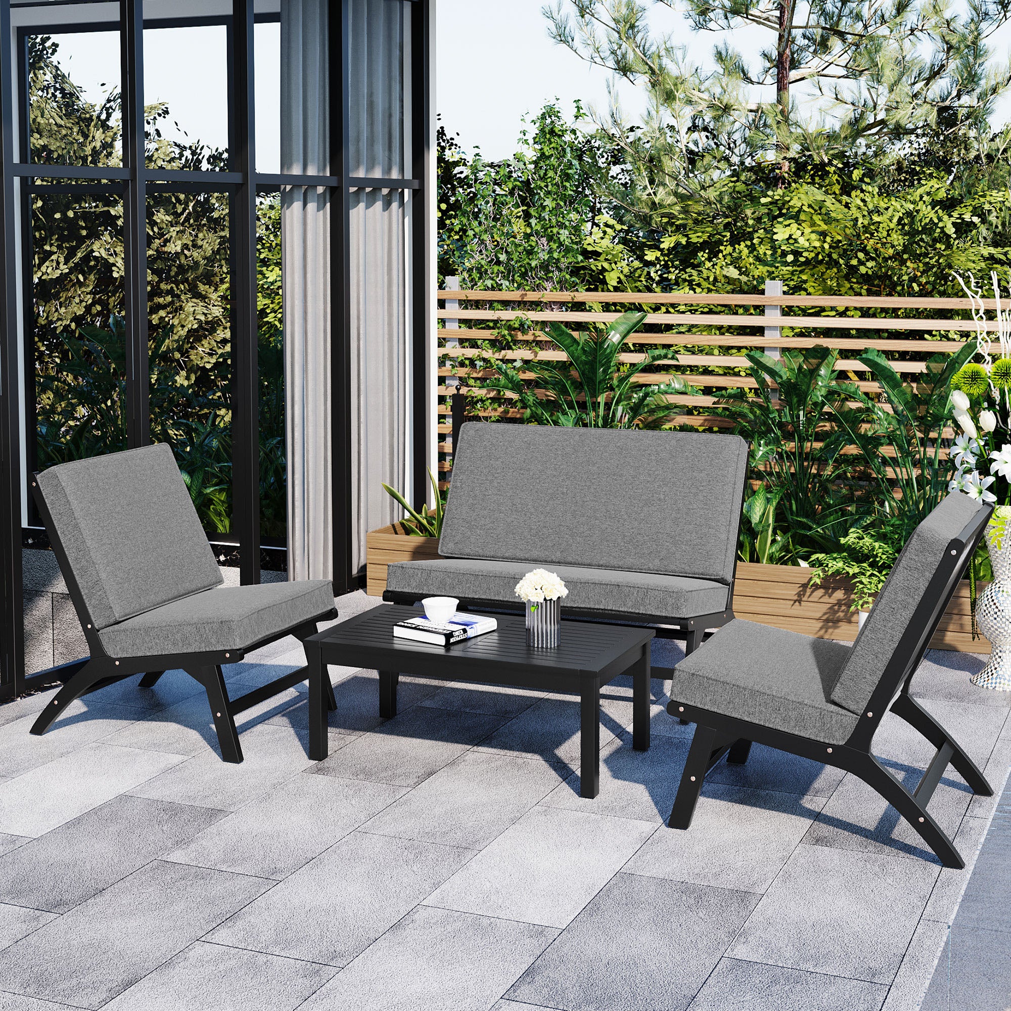 4-Piece Outdoor Acacia Wood Patio Sofa with Wood Table, Two Single Sofas, and Double Chair