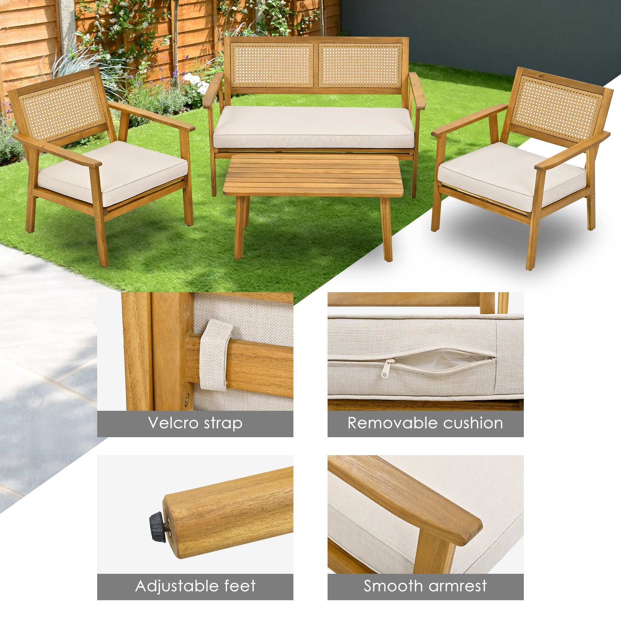 4-Piece Outdoor Acacia Wood Patio Sofa with Wood Table, Two Single Sofas, and Double Chair