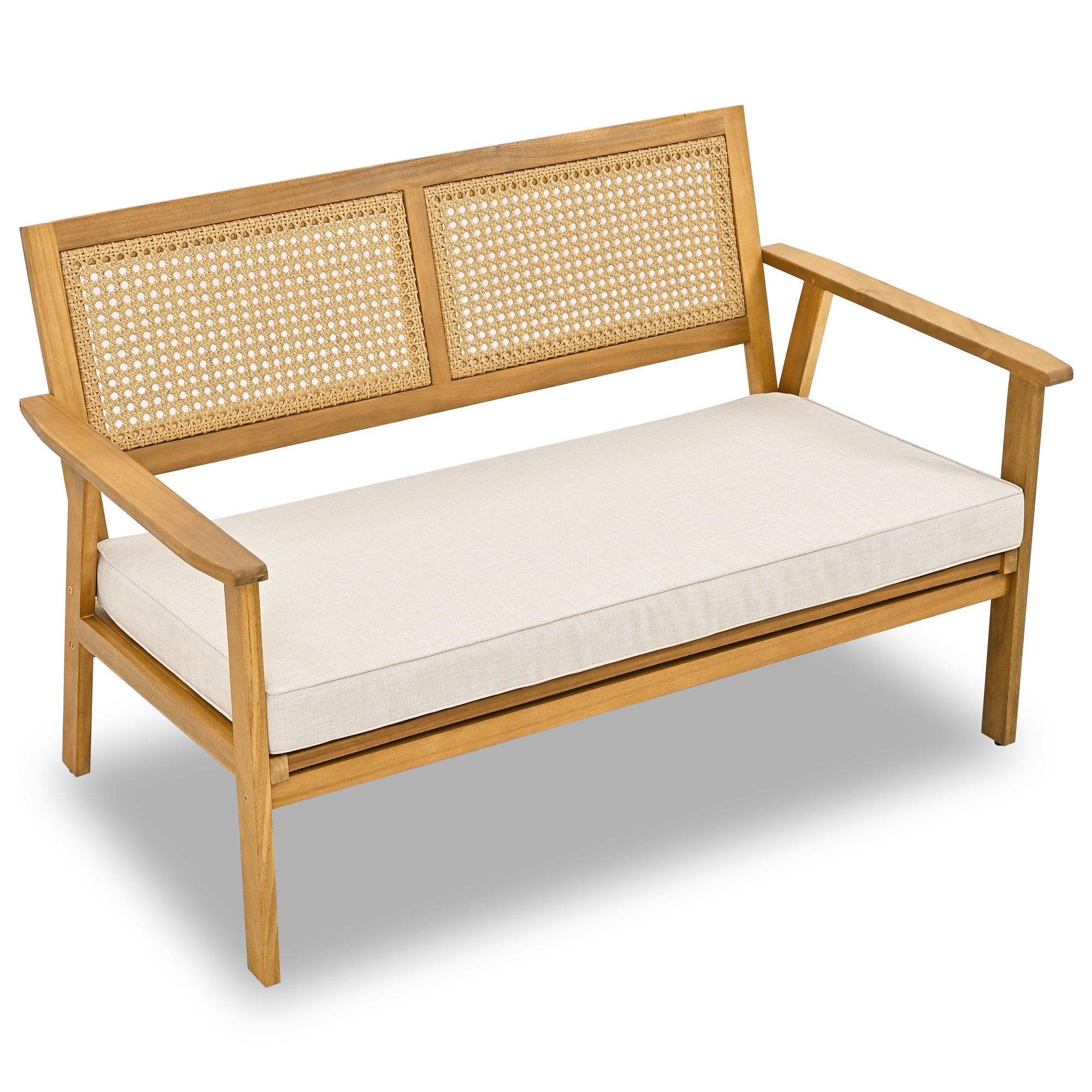 4-Piece Outdoor Acacia Wood Patio Sofa with Wood Table, Two Single Sofas, and Double Chair