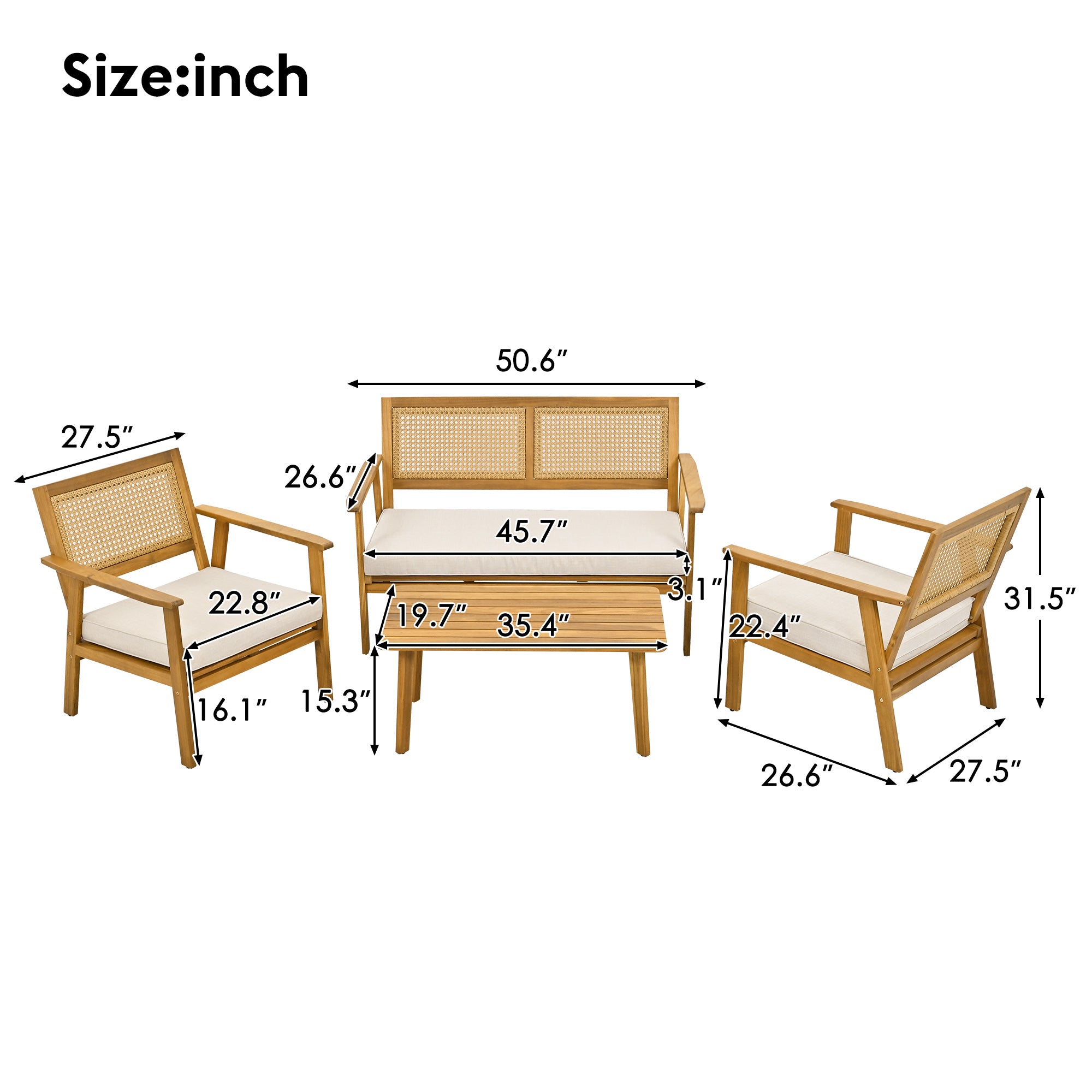 4-Piece Outdoor Acacia Wood Patio Sofa with Wood Table, Two Single Sofas, and Double Chair
