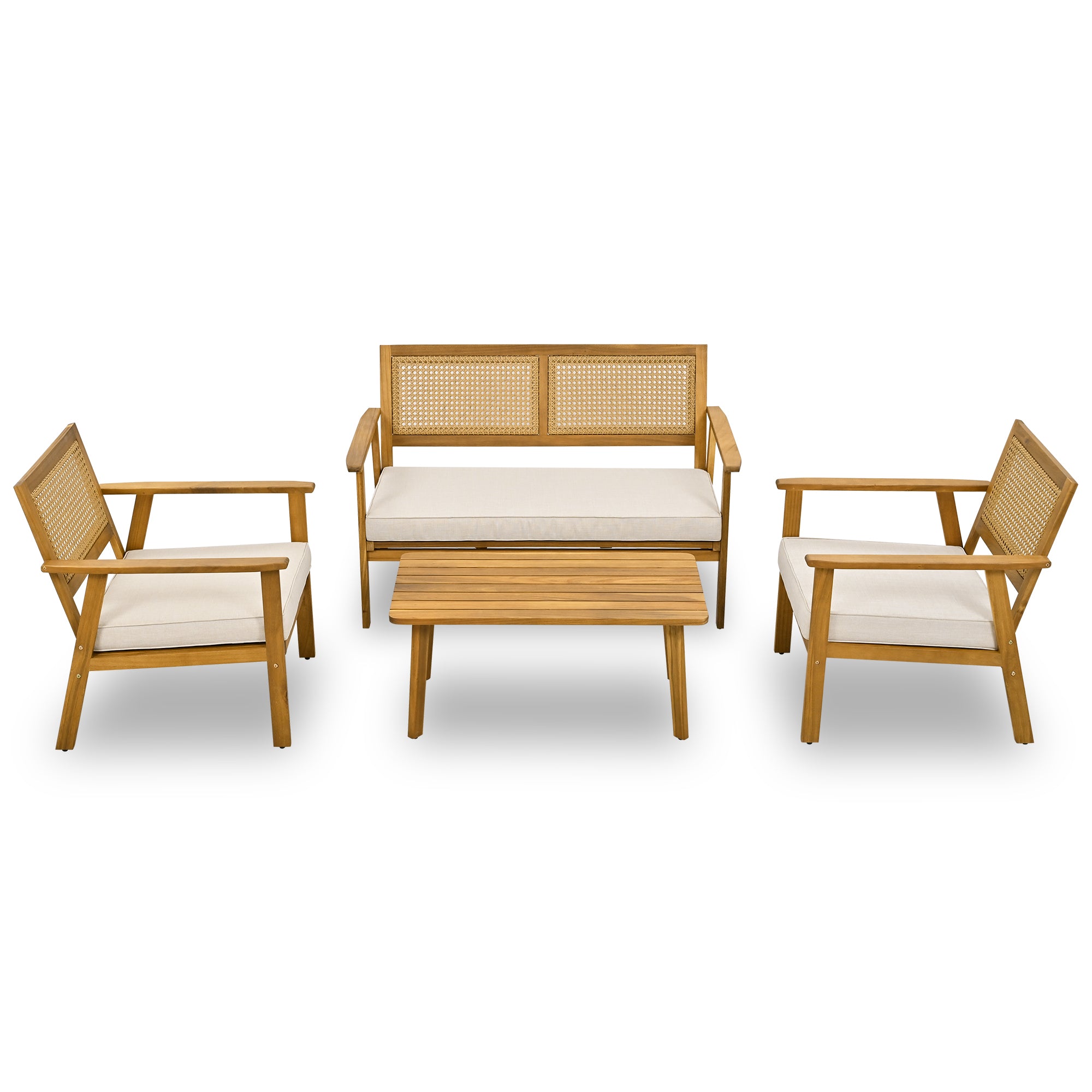 4-Piece Outdoor Acacia Wood Patio Sofa with Wood Table, Two Single Sofas, and Double Chair