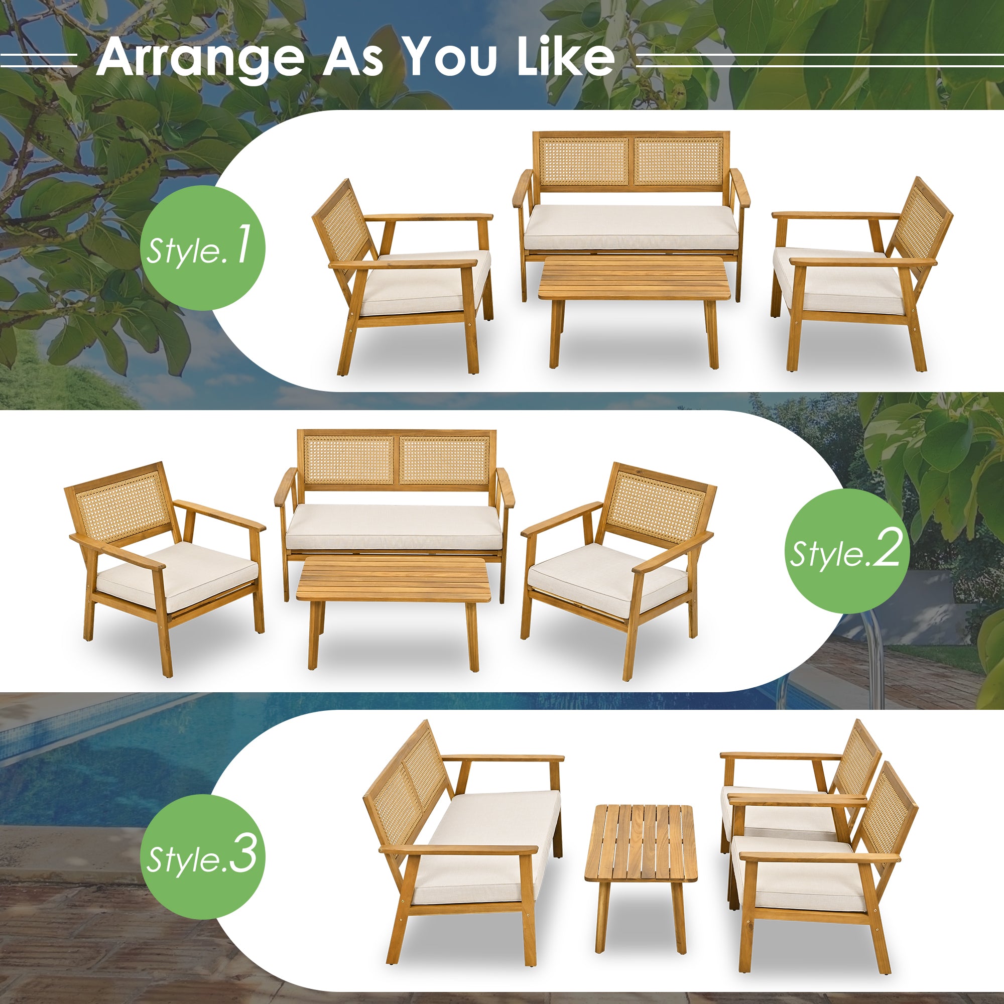 4-Piece Outdoor Acacia Wood Patio Sofa with Wood Table, Two Single Sofas, and Double Chair