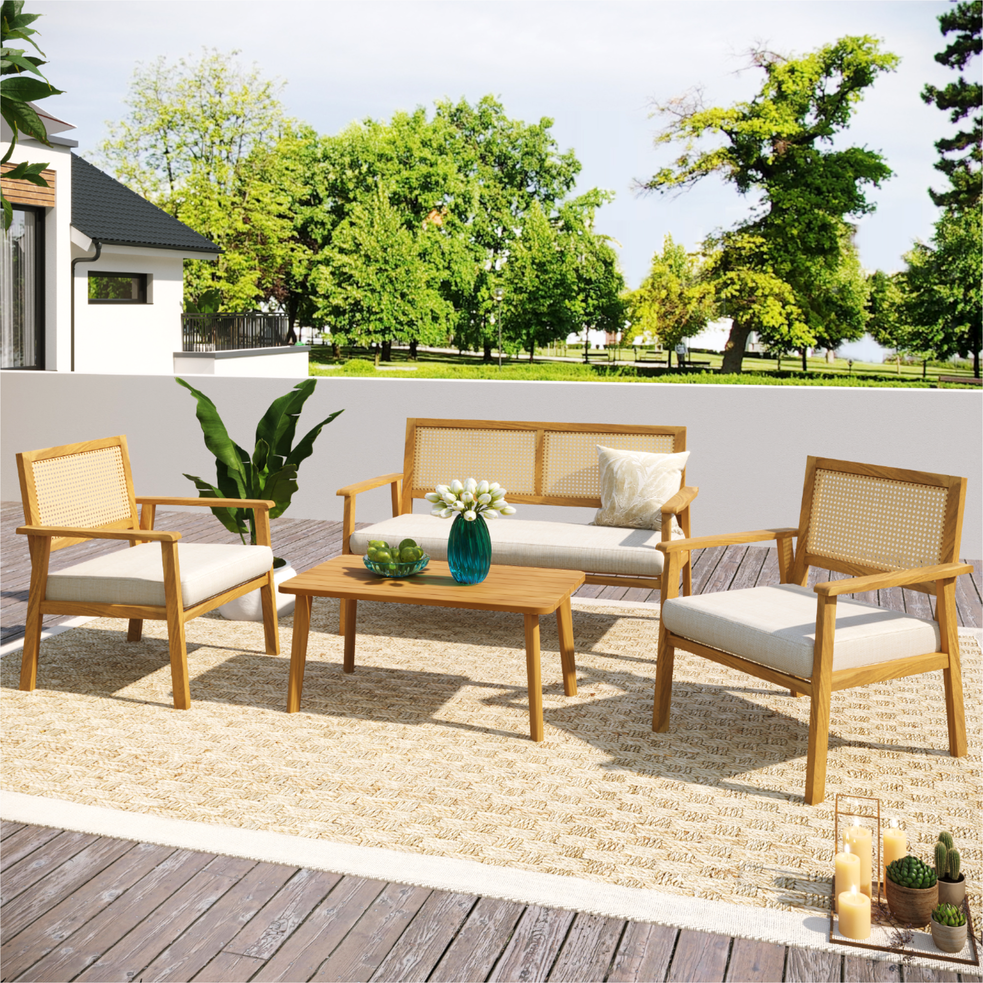 4-Piece Outdoor Acacia Wood Patio Sofa with Wood Table, Two Single Sofas, and Double Chair