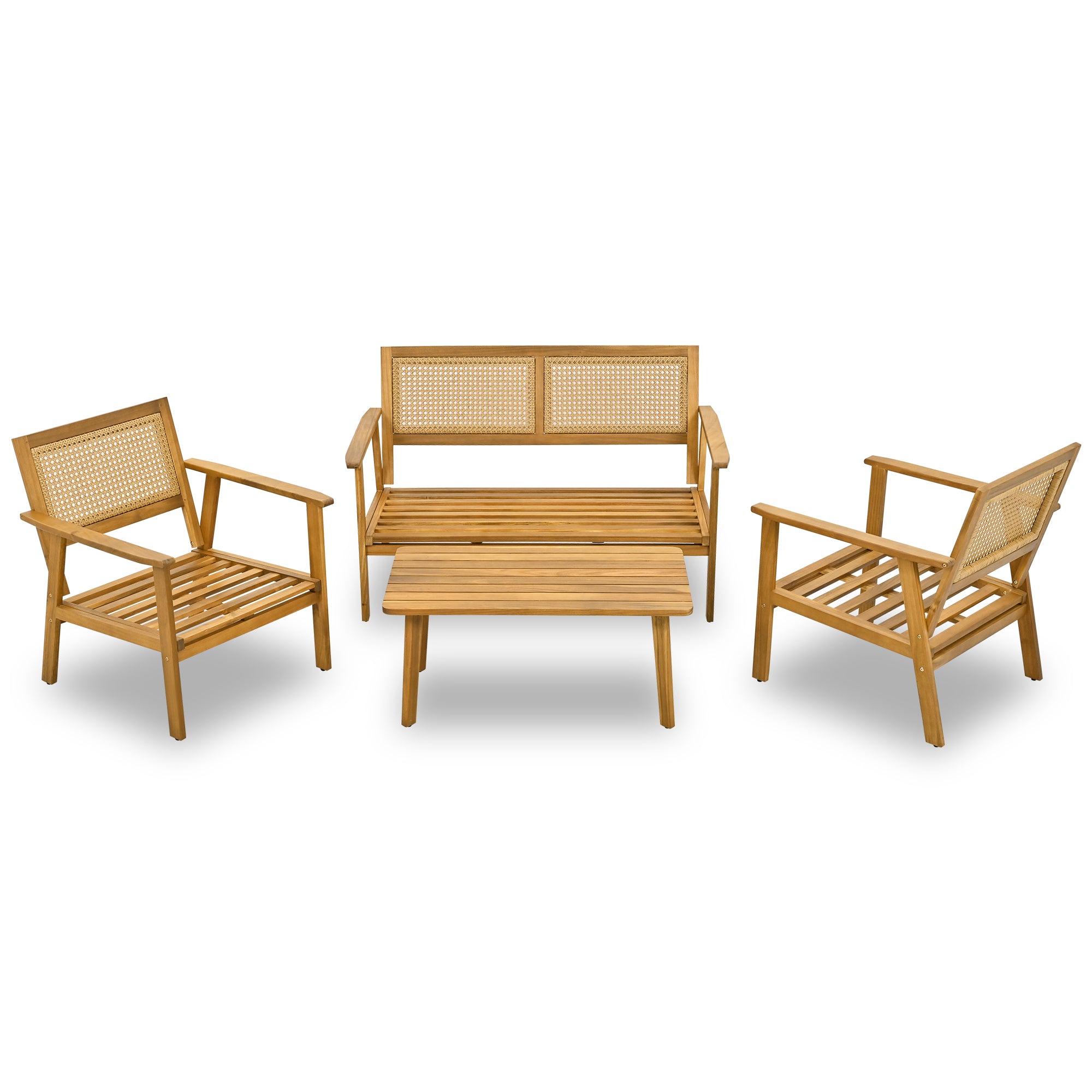4-Piece Outdoor Acacia Wood Patio Sofa with Wood Table, Two Single Sofas, and Double Chair
