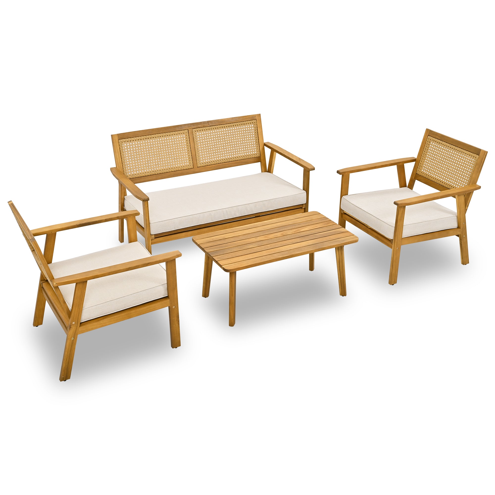 4-Piece Outdoor Acacia Wood Patio Sofa with Wood Table, Two Single Sofas, and Double Chair