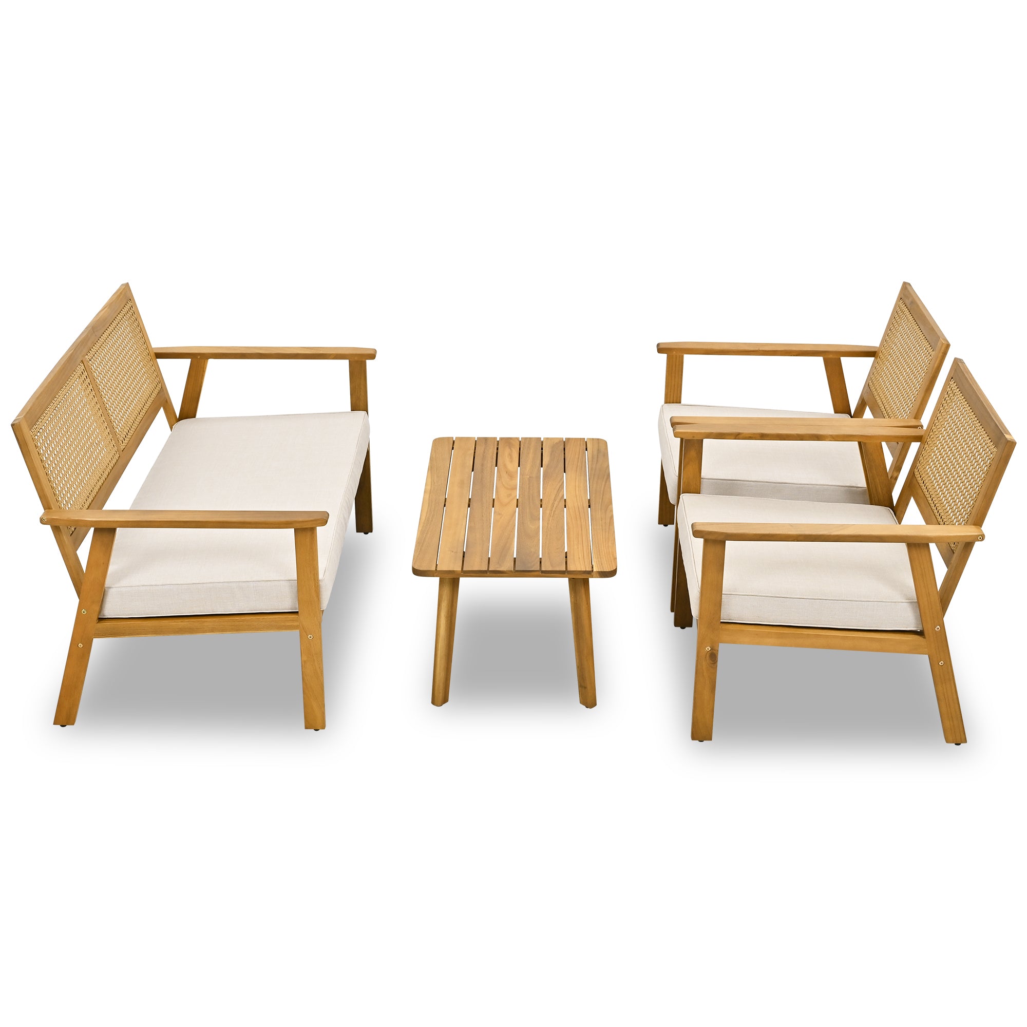4-Piece Outdoor Acacia Wood Patio Sofa with Wood Table, Two Single Sofas, and Double Chair