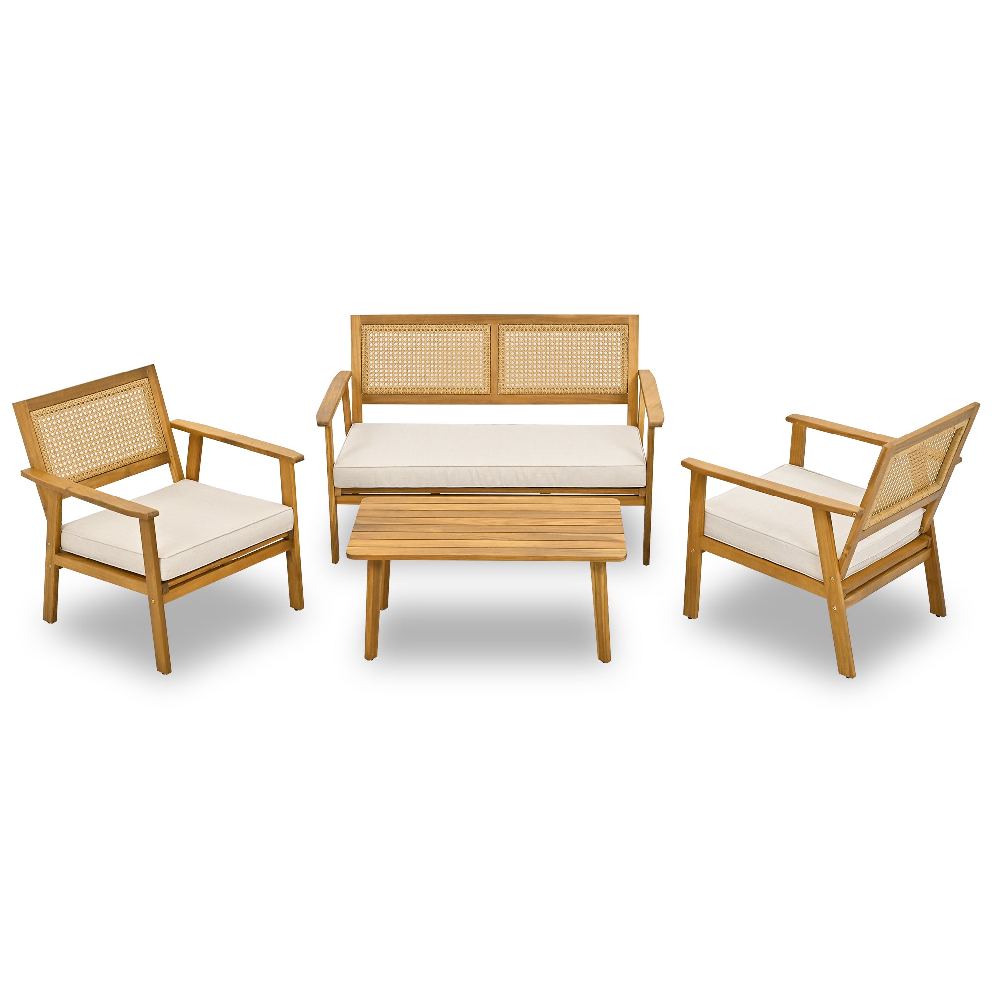 4-Piece Outdoor Acacia Wood Patio Sofa with Wood Table, Two Single Sofas, and Double Chair