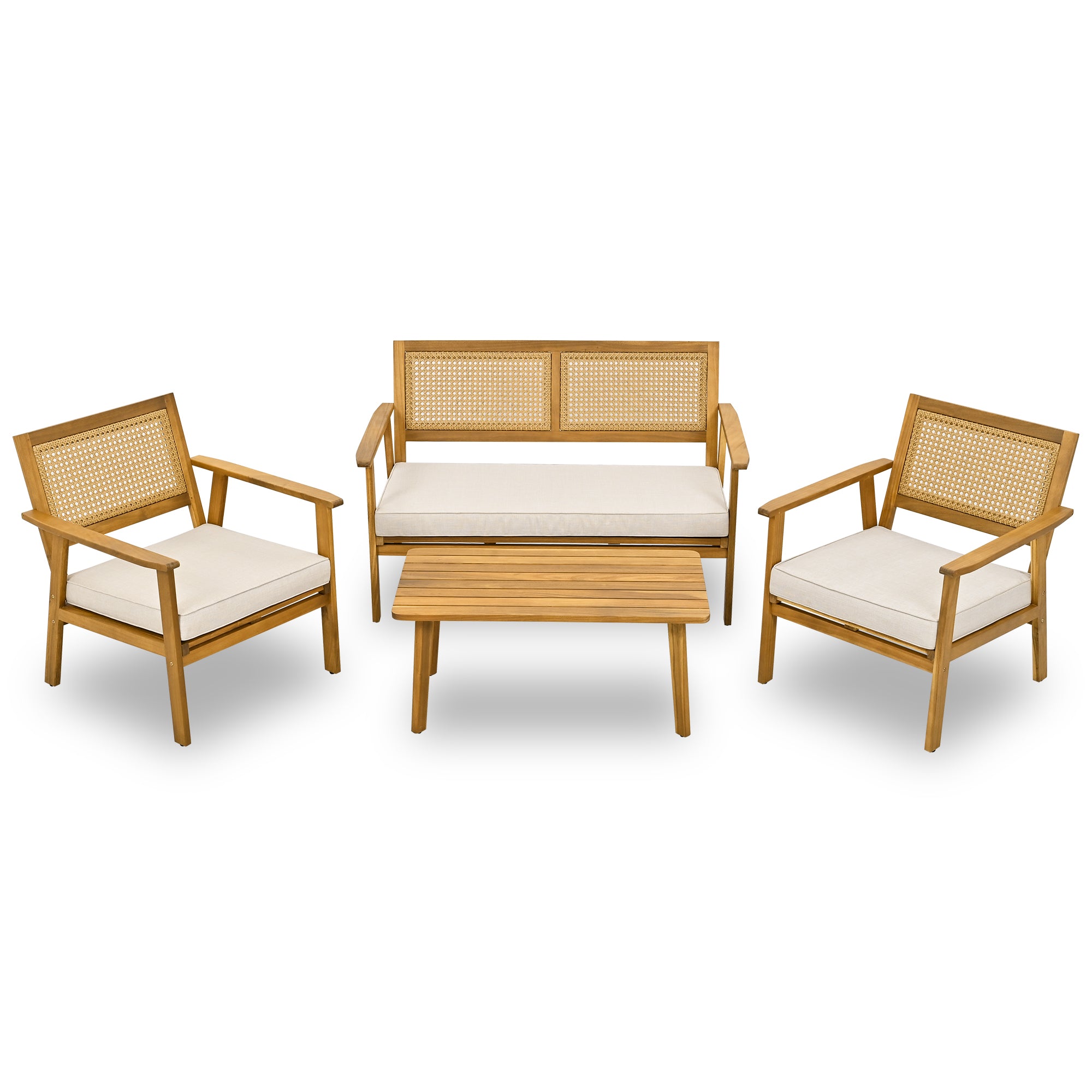 4-Piece Outdoor Acacia Wood Patio Sofa with Wood Table, Two Single Sofas, and Double Chair