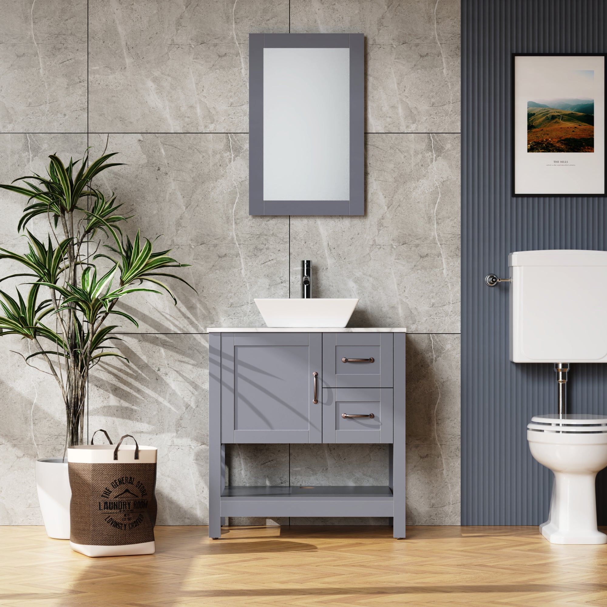 30 Inch MDF Freestanding Bathroom Vanity Set in Gray with Wood Top and Ceramic Sink and Faucet