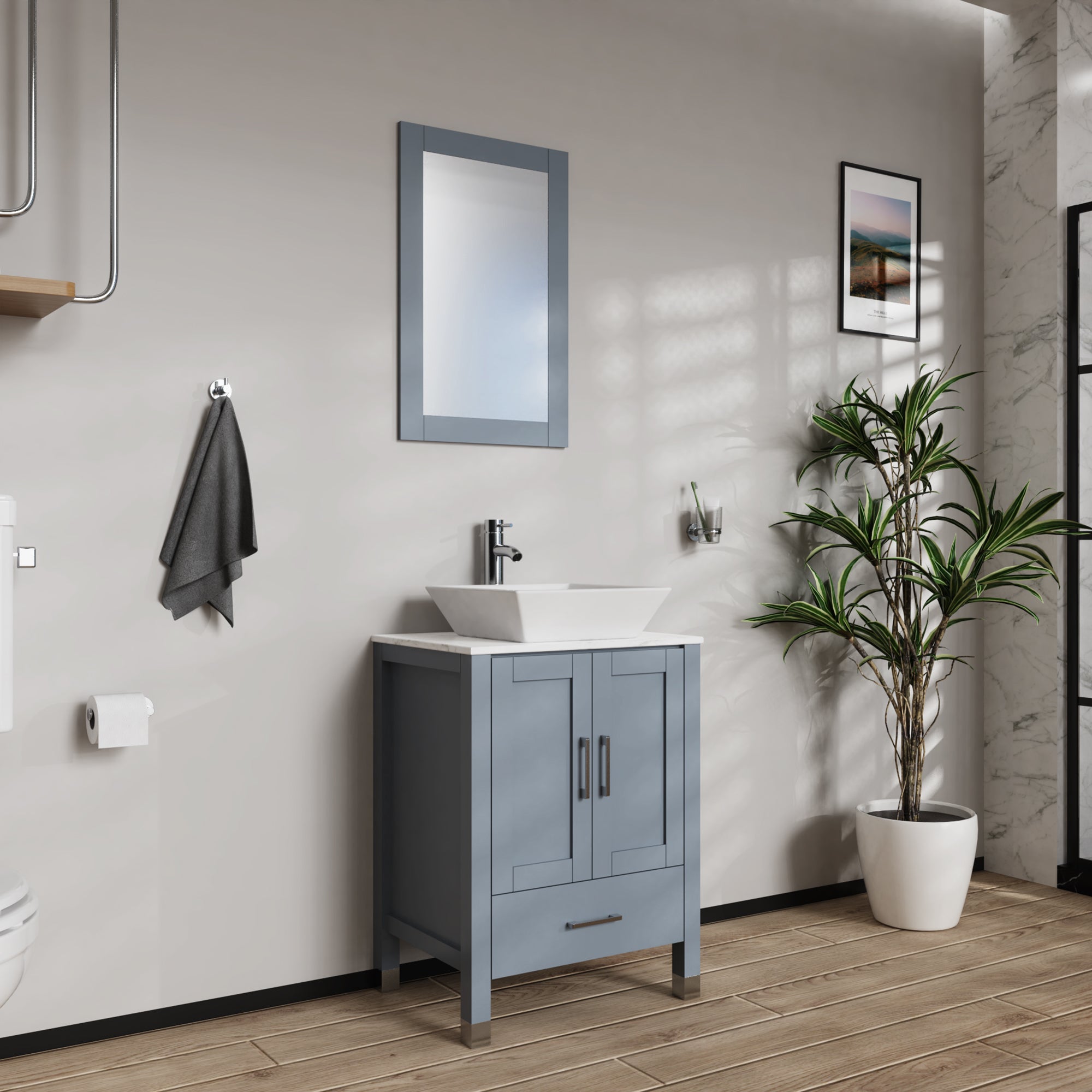 30 Inch MDF Freestanding Bathroom Vanity Set in Gray with Wood Top and Ceramic Sink and Faucet