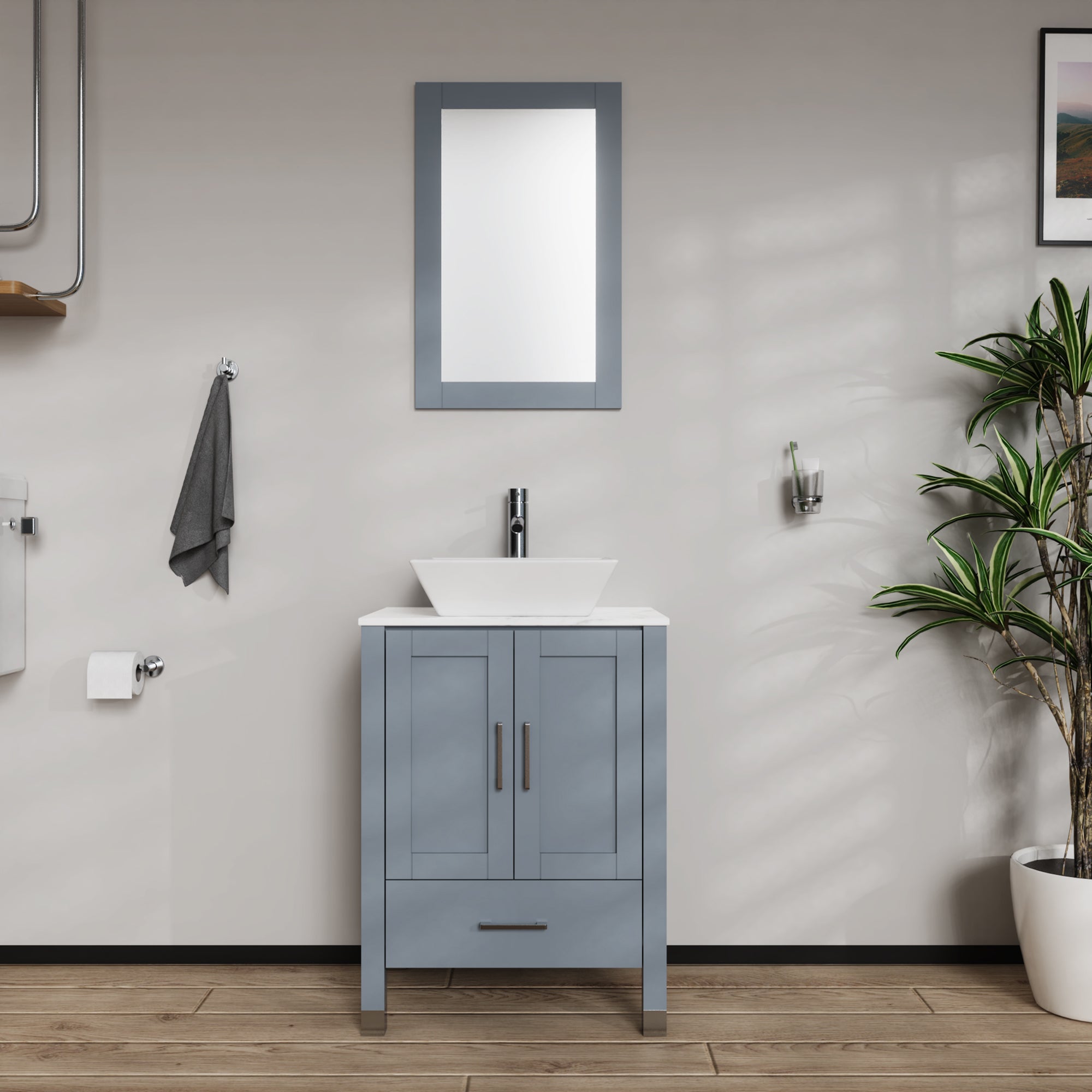 30 Inch MDF Freestanding Bathroom Vanity Set in Gray with Wood Top and Ceramic Sink and Faucet