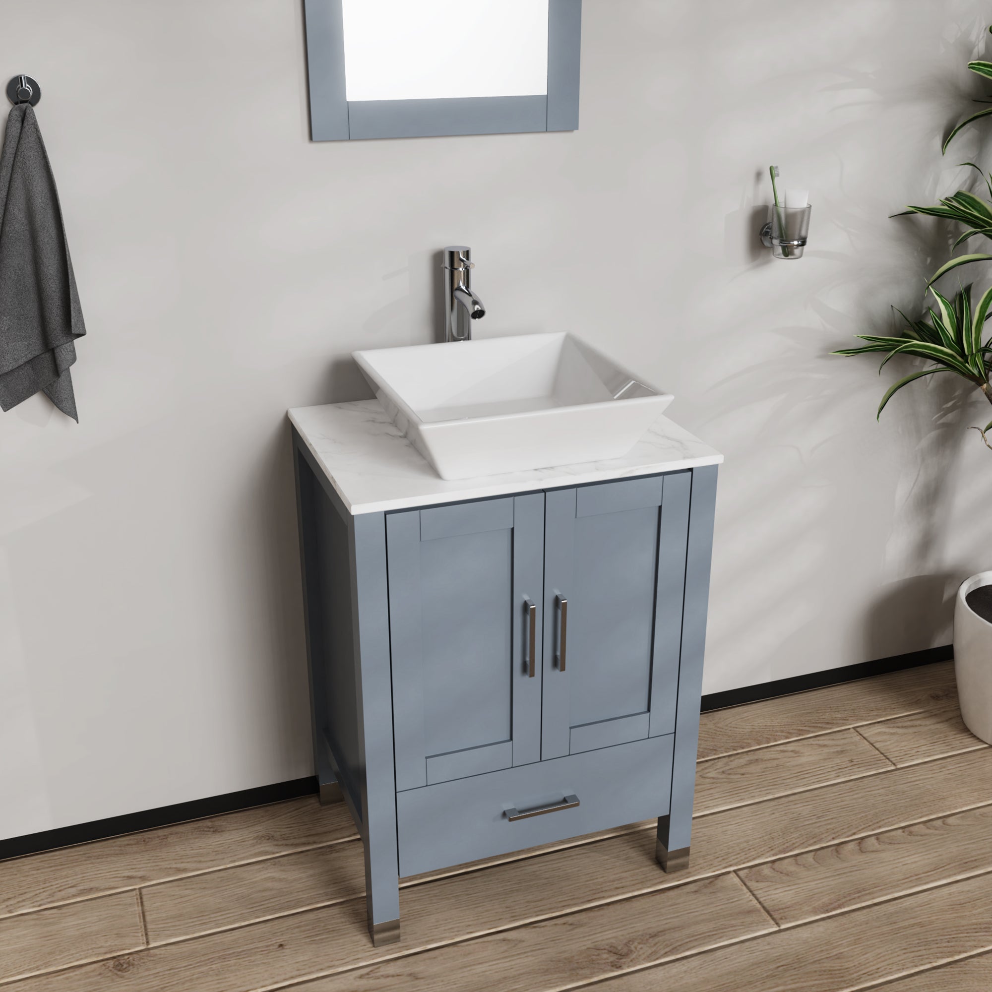 30 Inch MDF Freestanding Bathroom Vanity Set in Gray with Wood Top and Ceramic Sink and Faucet