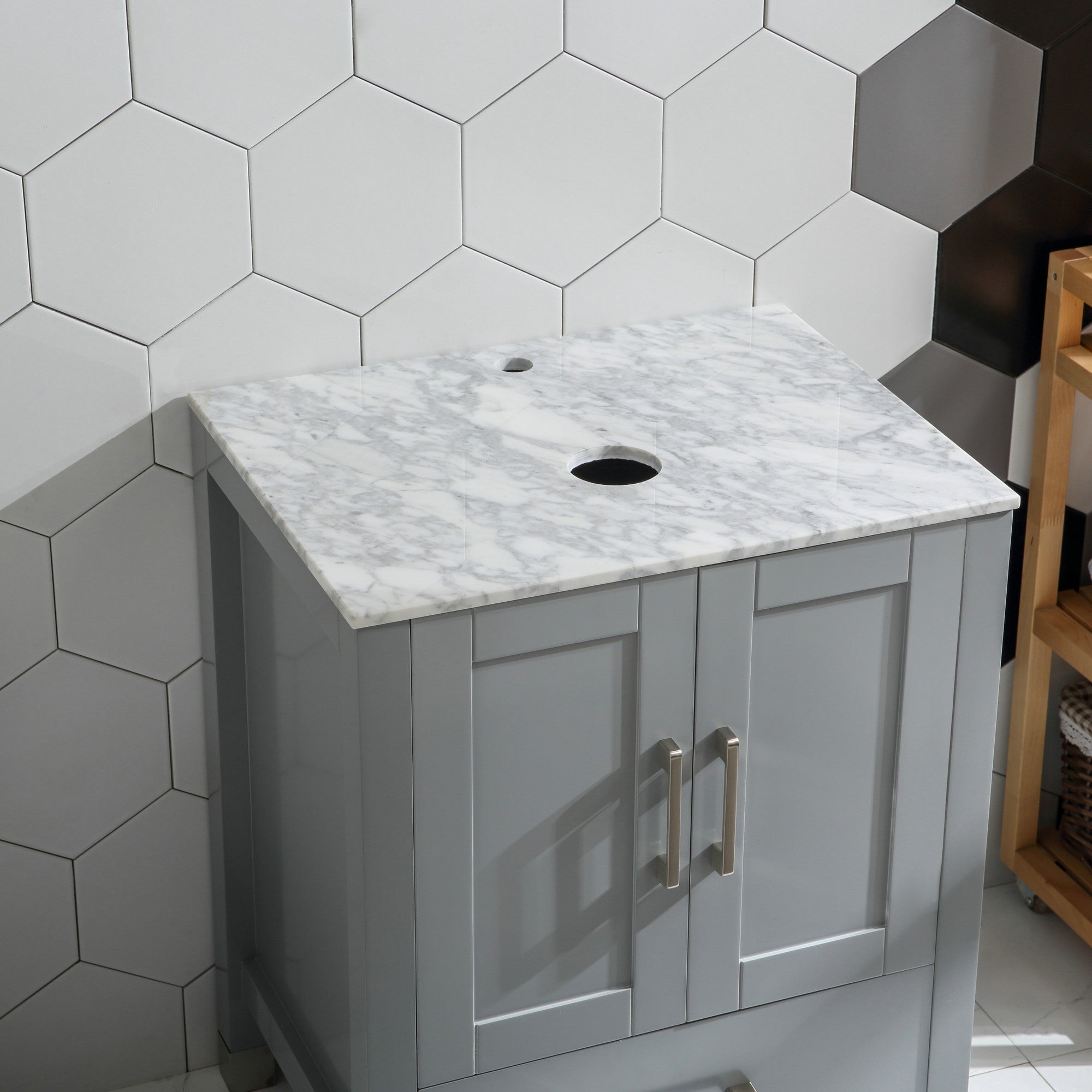 30 Inch MDF Freestanding Bathroom Vanity Set in Gray with Wood Top and Ceramic Sink and Faucet
