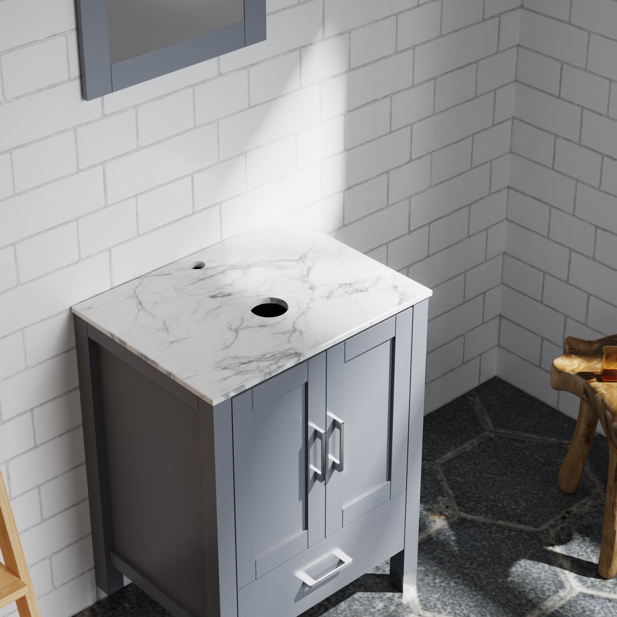 30 Inch MDF Freestanding Bathroom Vanity Set in Gray with Wood Top and Ceramic Sink and Faucet