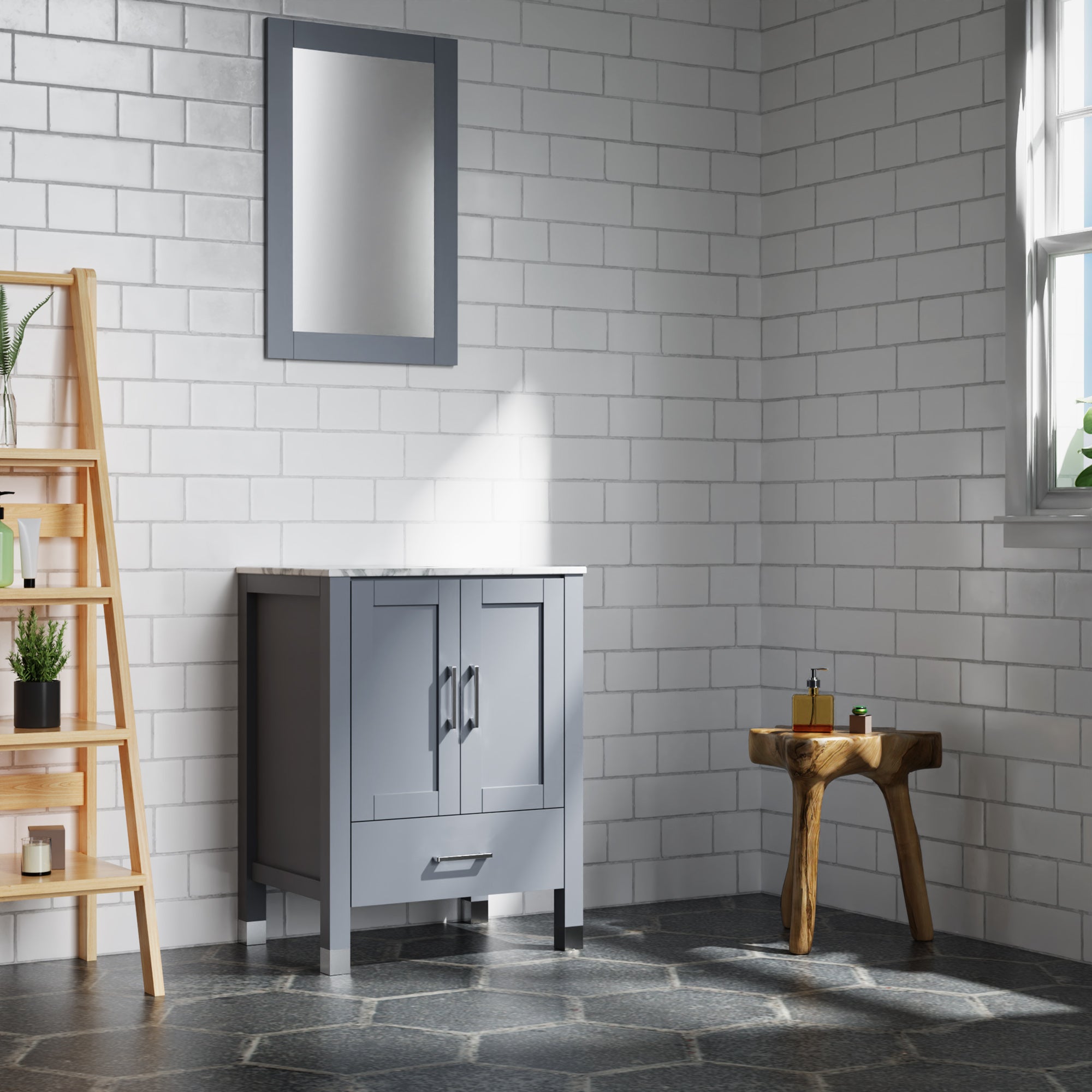 30 Inch MDF Freestanding Bathroom Vanity Set in Gray with Wood Top and Ceramic Sink and Faucet