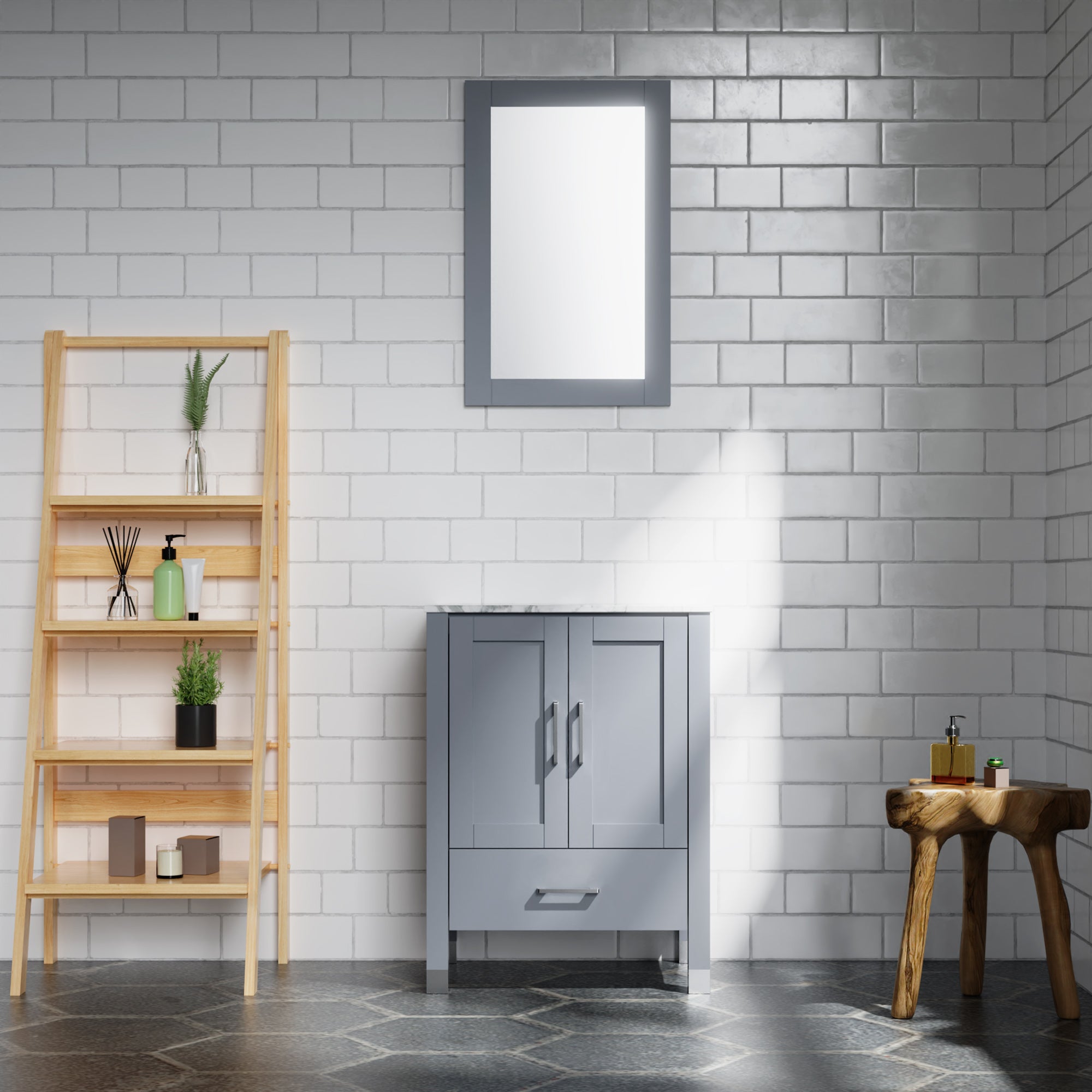 30 Inch MDF Freestanding Bathroom Vanity Set in Gray with Wood Top and Ceramic Sink and Faucet