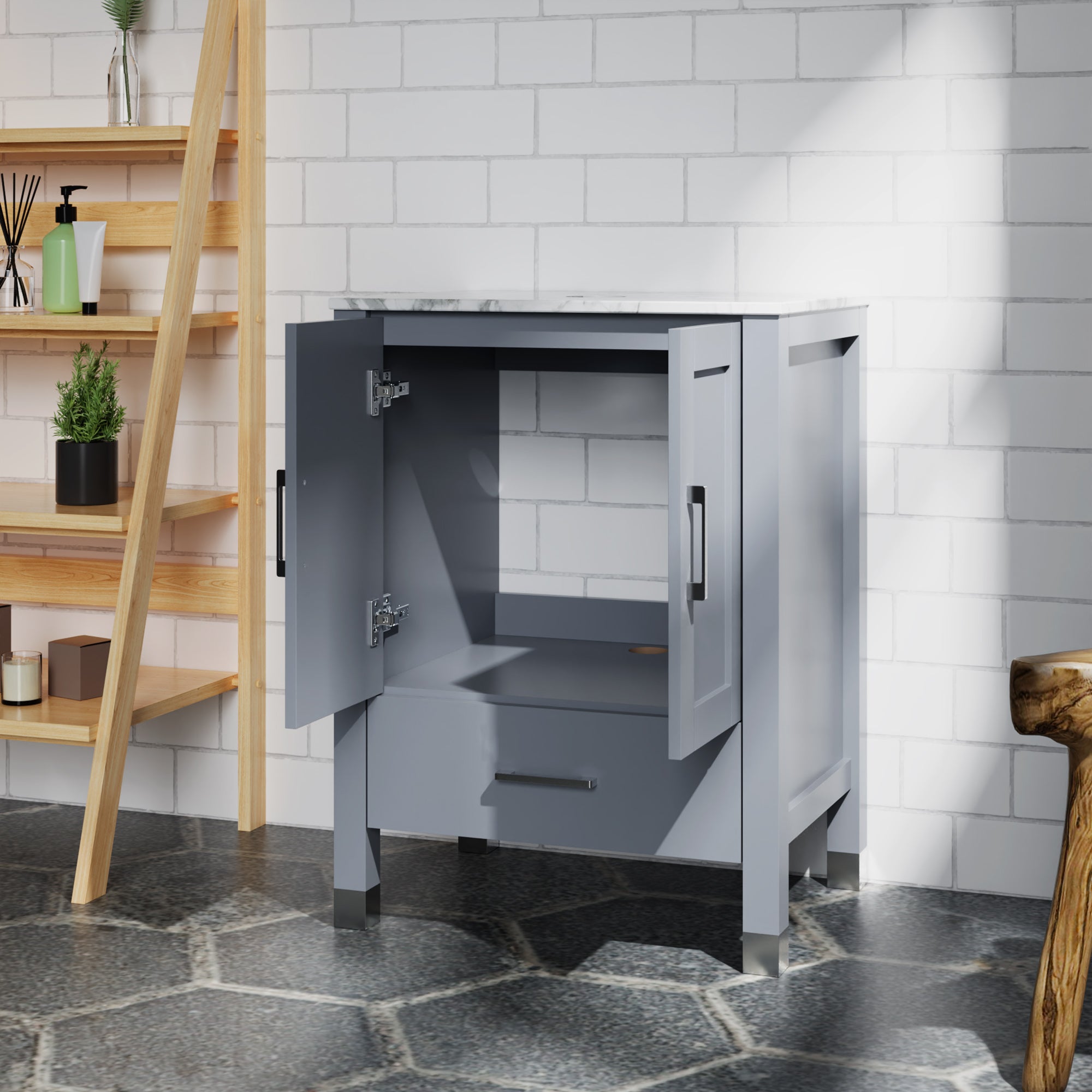 30 Inch MDF Freestanding Bathroom Vanity Set in Gray with Wood Top and Ceramic Sink and Faucet