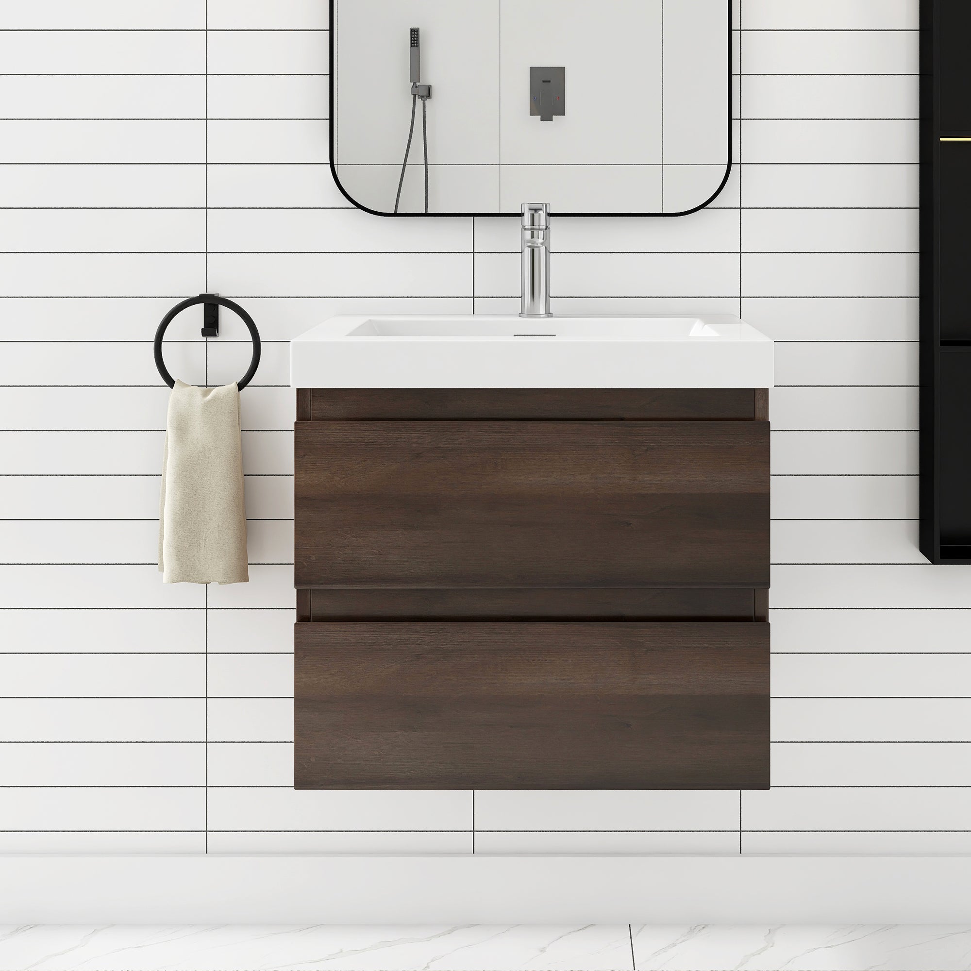 24"/30"/36"/48" Wall-Mounted 2-drawer Bathroom Vanity Set with Integrated Resin Sink
