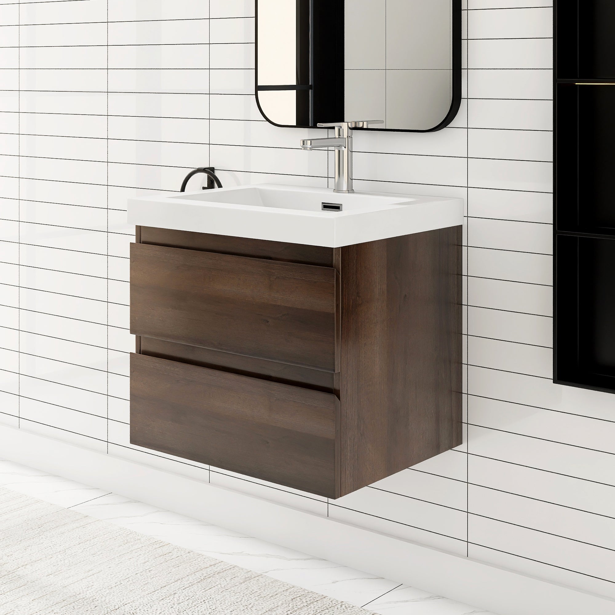 24"/30"/36"/48" Wall-Mounted 2-drawer Bathroom Vanity Set with Integrated Resin Sink