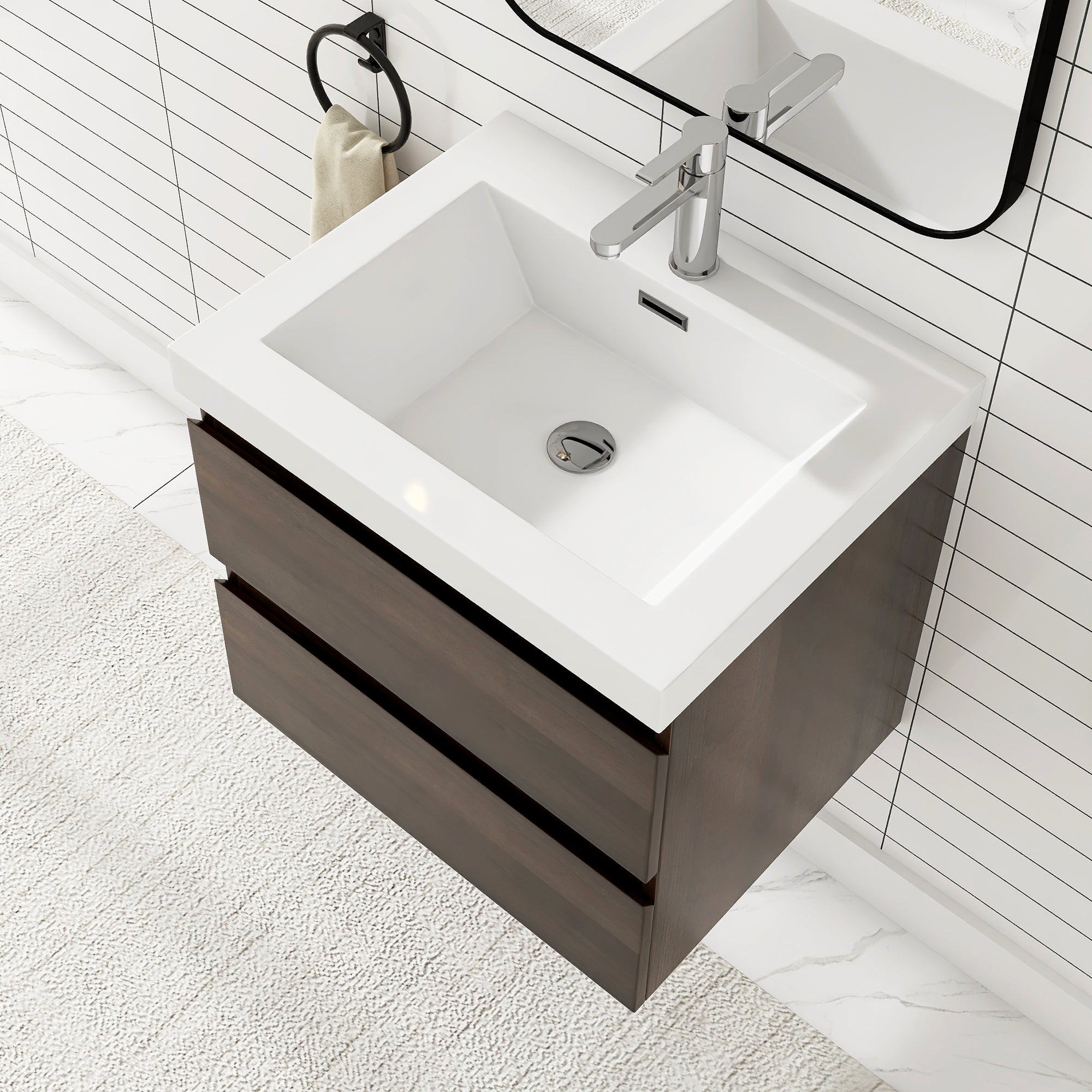24"/30"/36"/48" Wall-Mounted 2-drawer Bathroom Vanity Set with Integrated Resin Sink