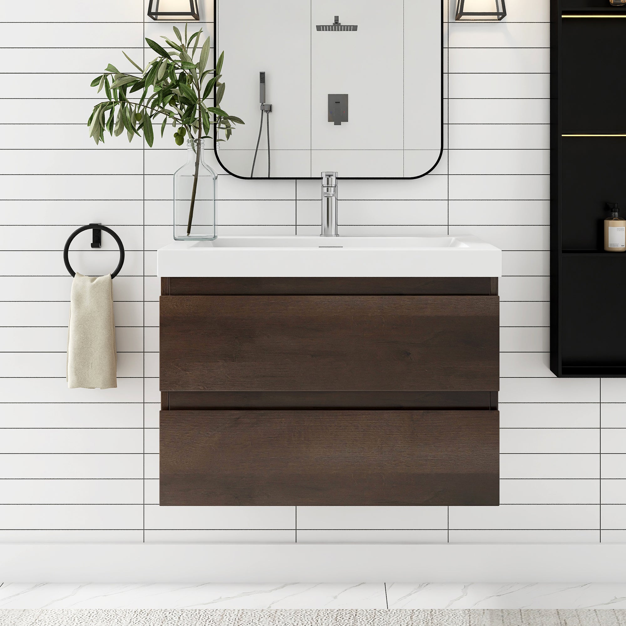 24"/30"/36"/48" Wall-Mounted 2-drawer Bathroom Vanity Set with Integrated Resin Sink